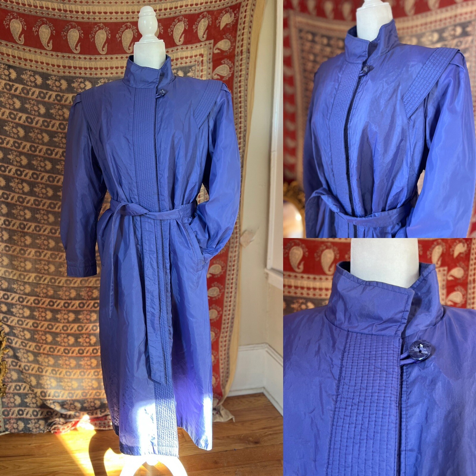 Vintage Misty Weather Trench Rain Coat Shimmery Purple Blue 70s Size 14