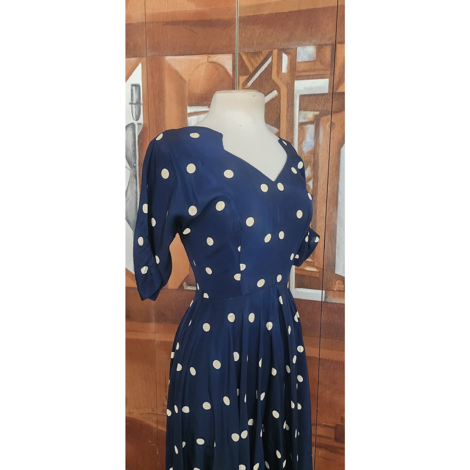 Vintage 1950s Lilli Diamond Dress Blue White Polka Dot Print Midi / S
