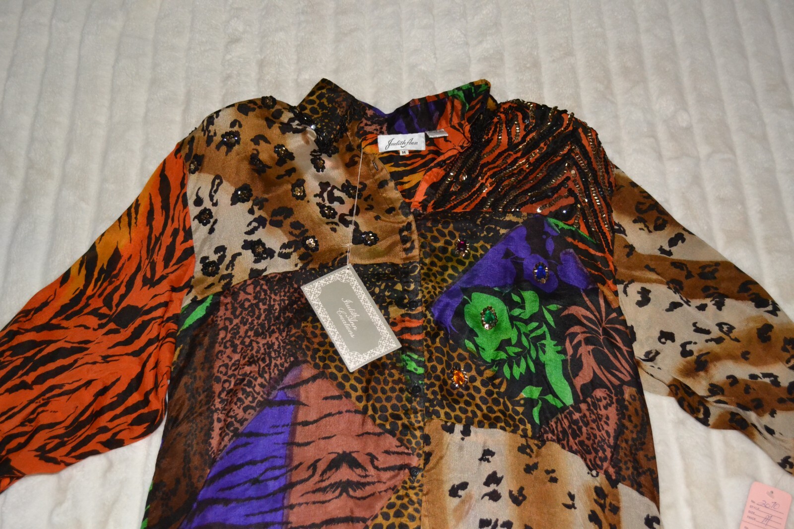 Judith Ann Rare Vintage Silk Button Down NWT – Sequin Embellished Hi-Lo Blouse M