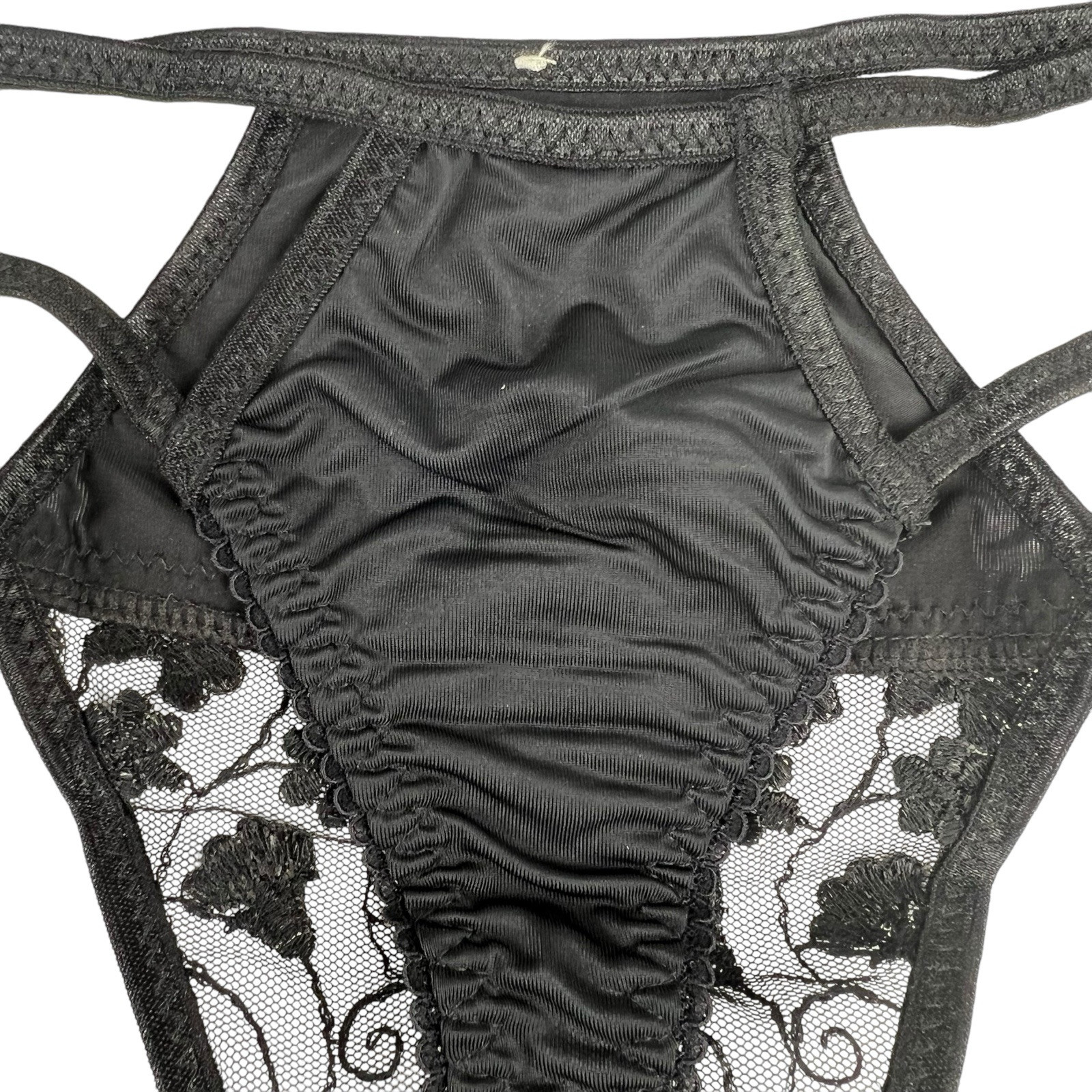 Vintage Black Satin Thong Panties Small Shiny Lace Second Skin Double String Y2K