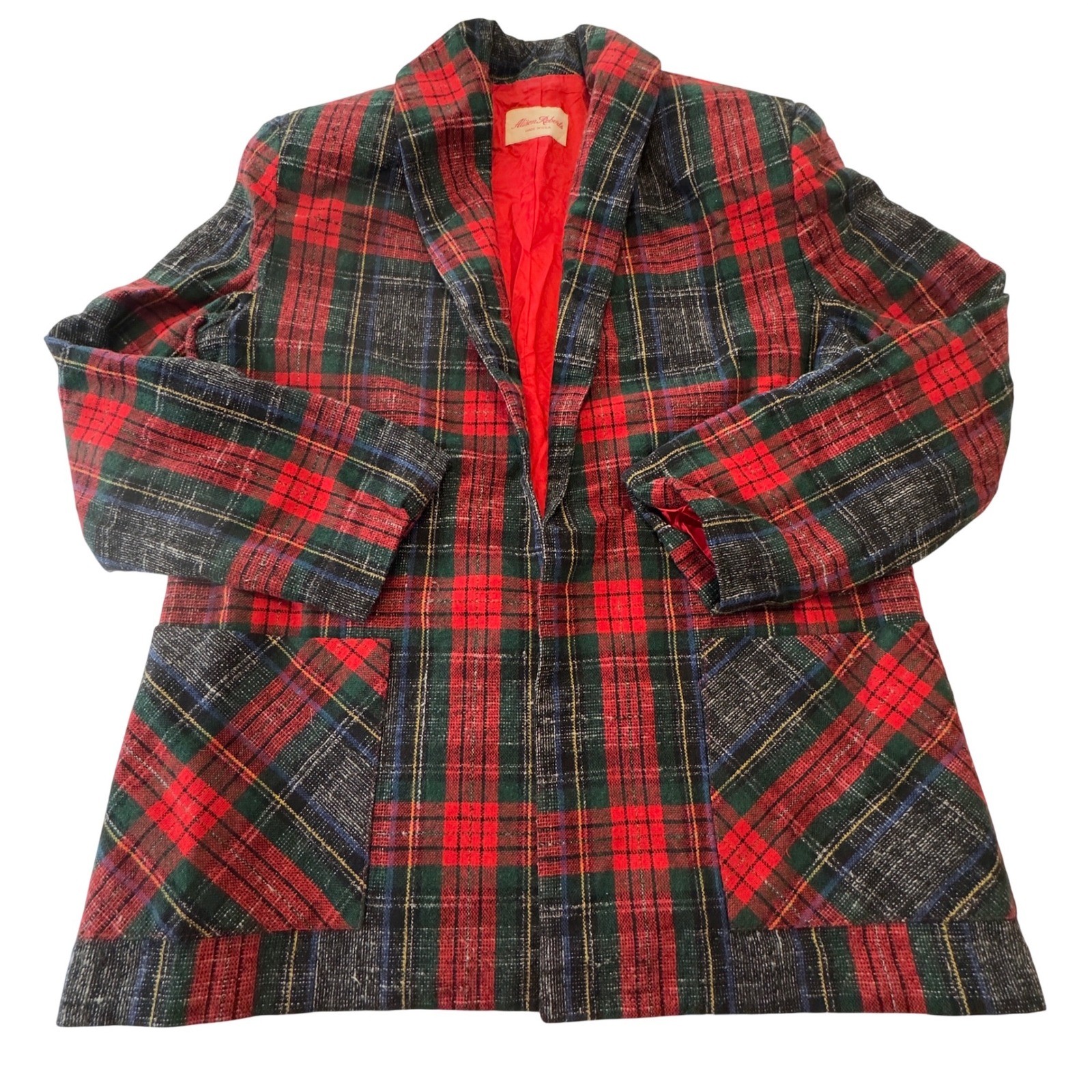 Vintage Alison Roberts Plaid Blazer Red Green Tartan Shawl Collar Made in USA