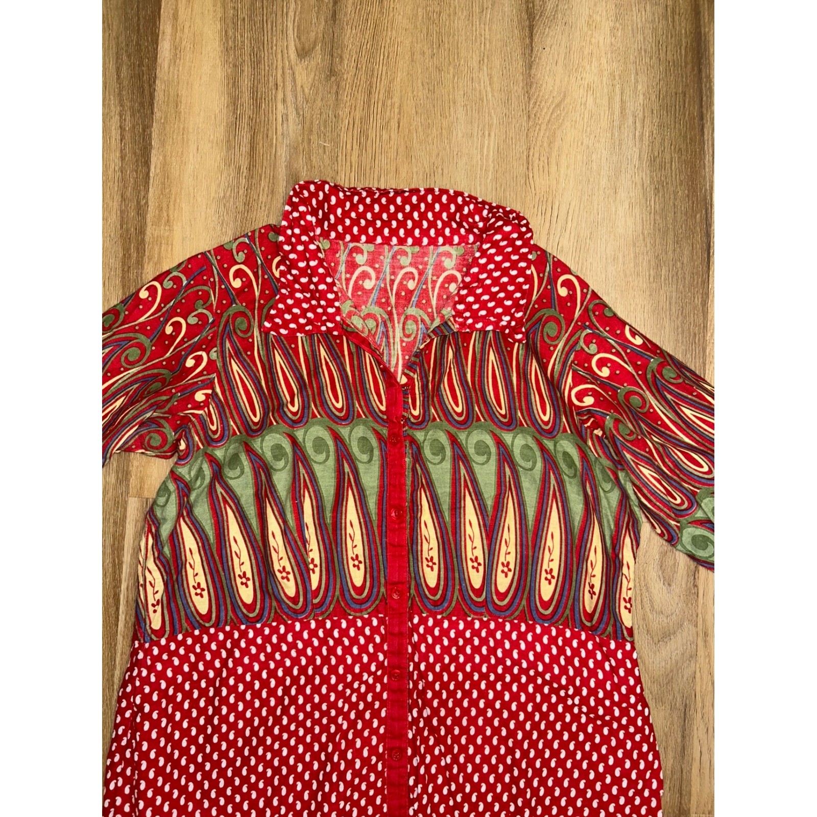 Vtg handmade Paisley Polka Dot Mixed Print Button Midi Dress western ethnic