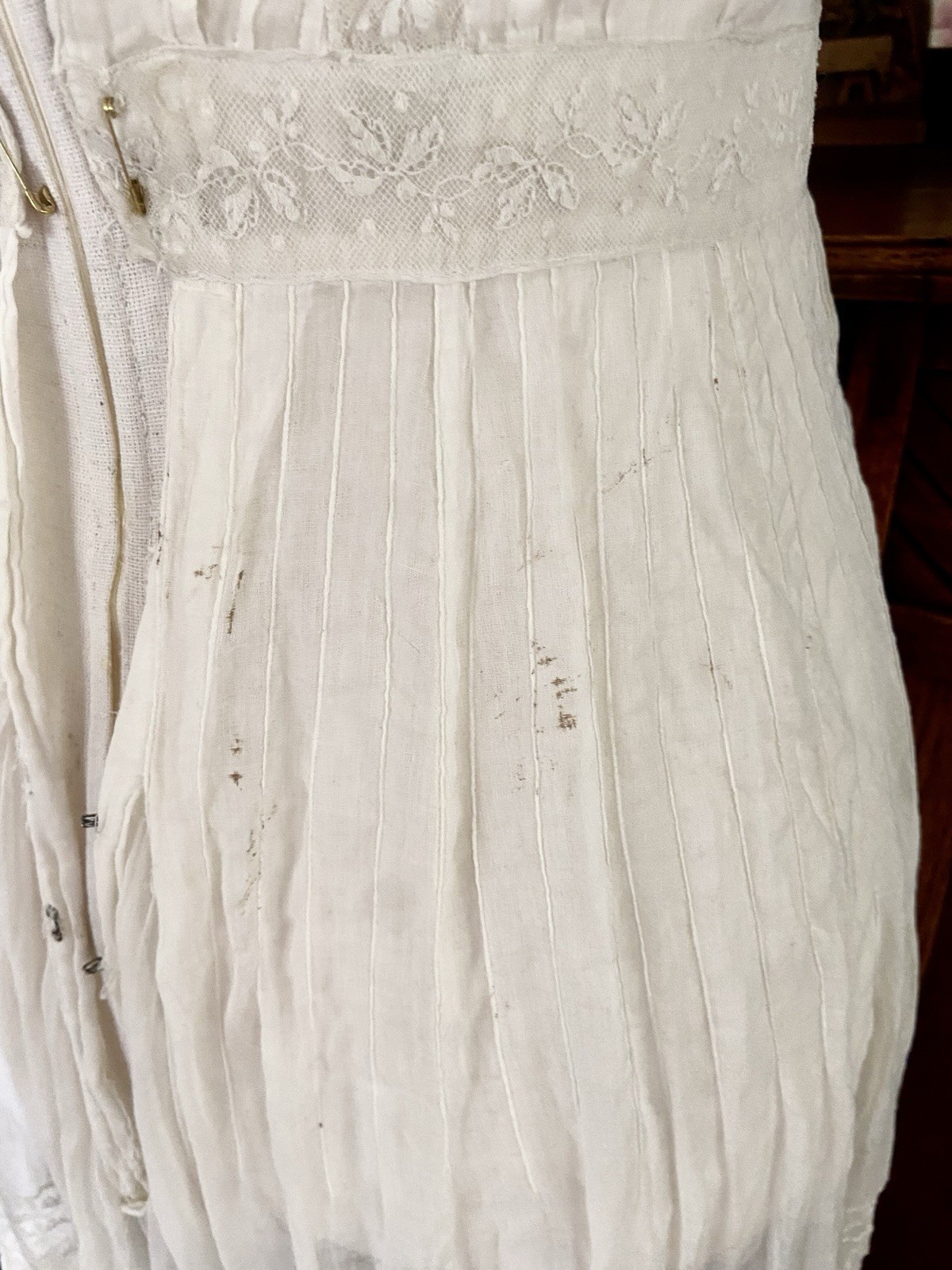 1907 Antique Embroidered Edwardian Era White Muslin Lace Dress “Hazel Slifir” 13
