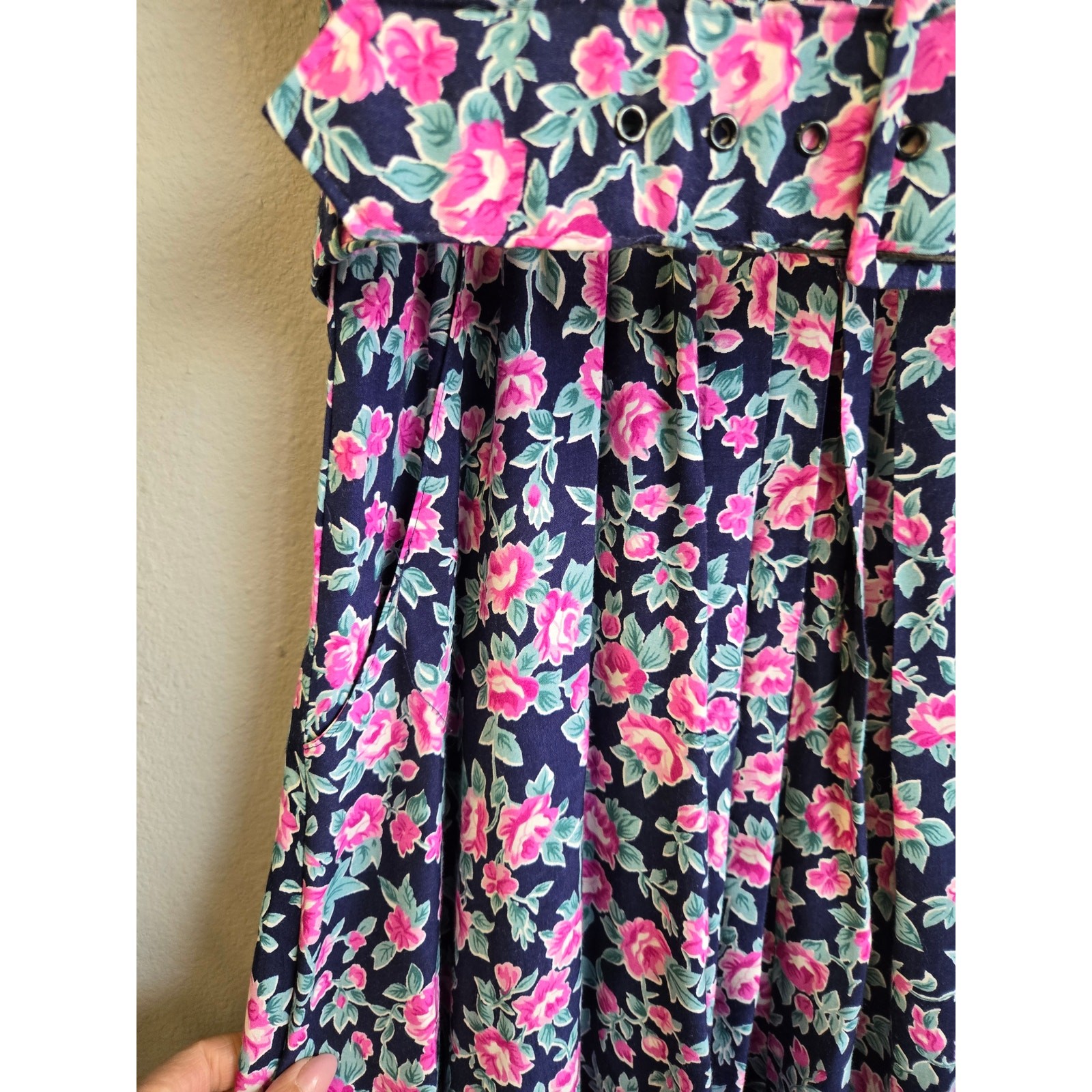 Paquette Too! Floral Vintage 90s Rayon Belted Midi Dress Pink Navy Size 12