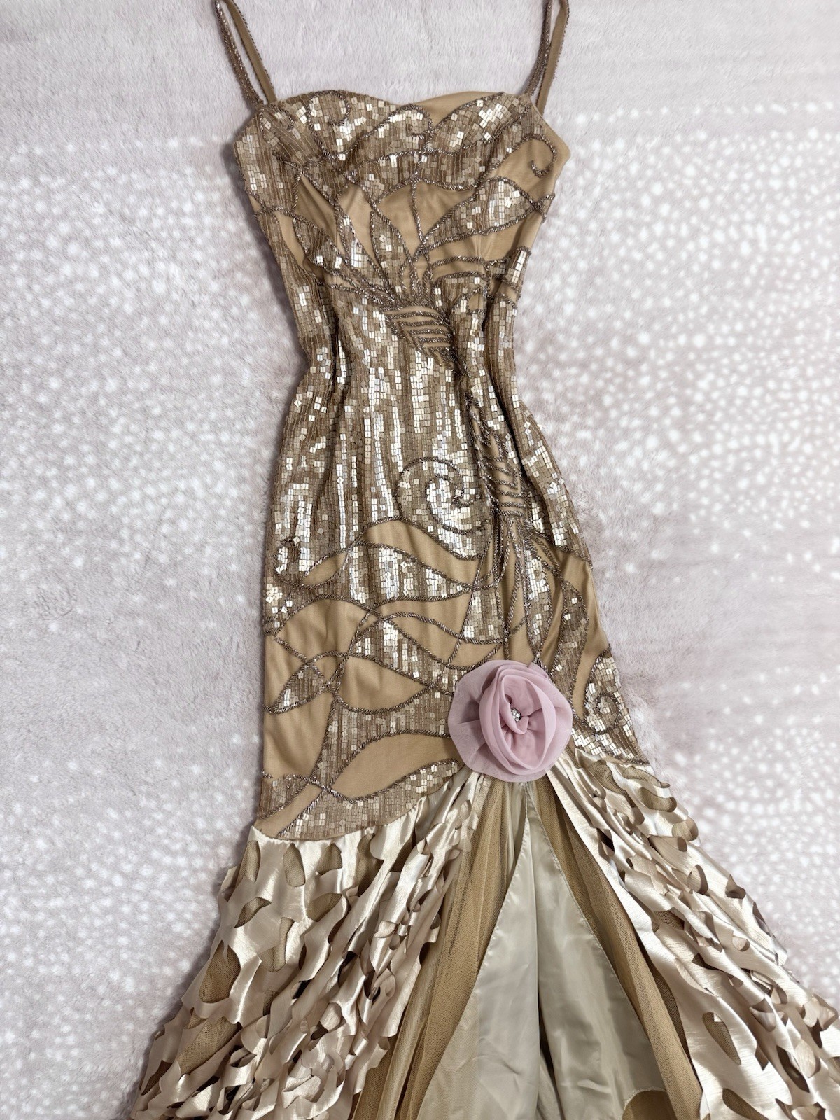 Vintage Gold Fairy Beaded Sequin Ruffle Mesh Vacation Princess Formal Gown Dress