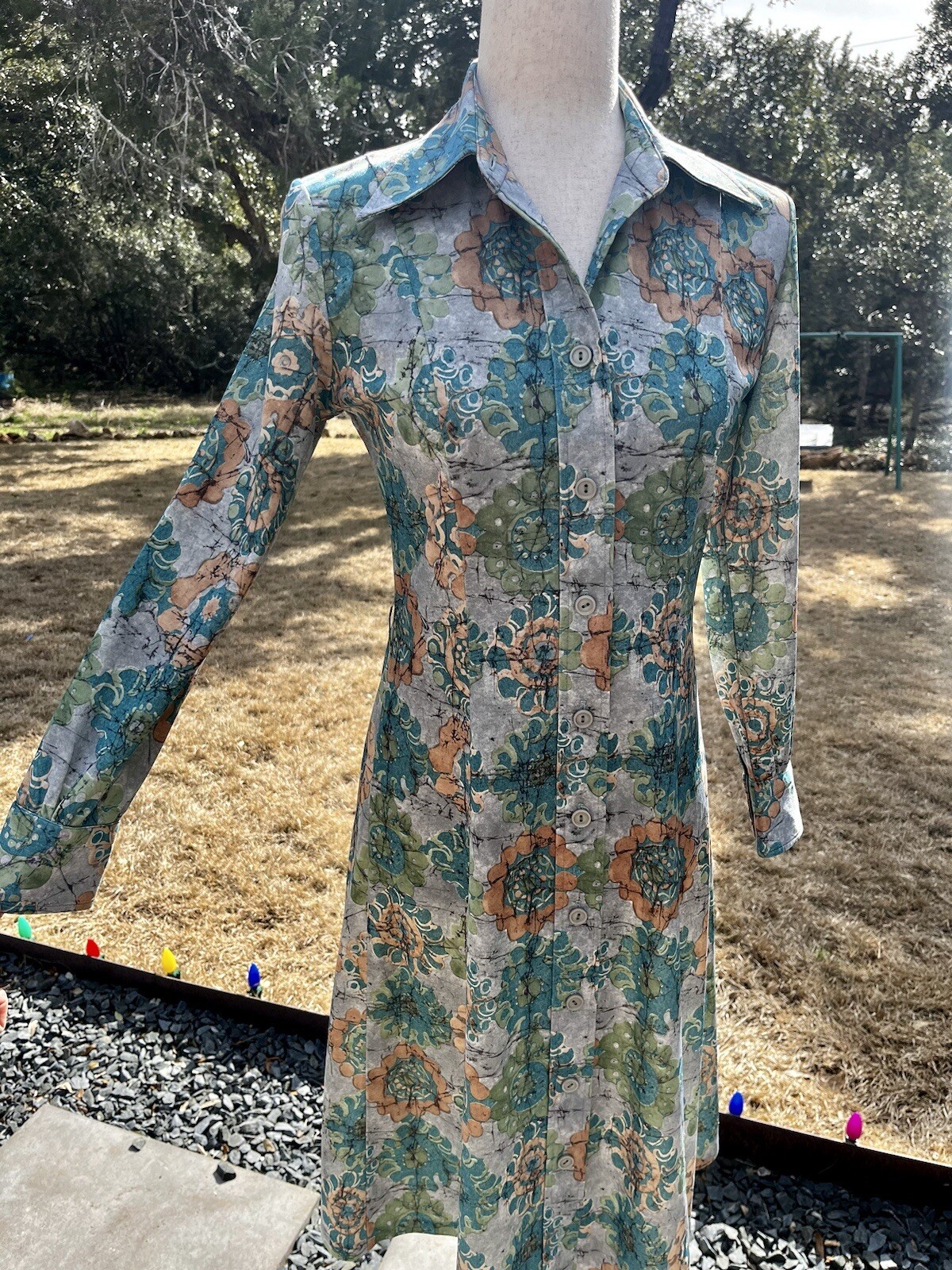 Homemade Paisley Green Long Sleeve Dress 1970s Style Vintage? 30 Waist 35 Bust