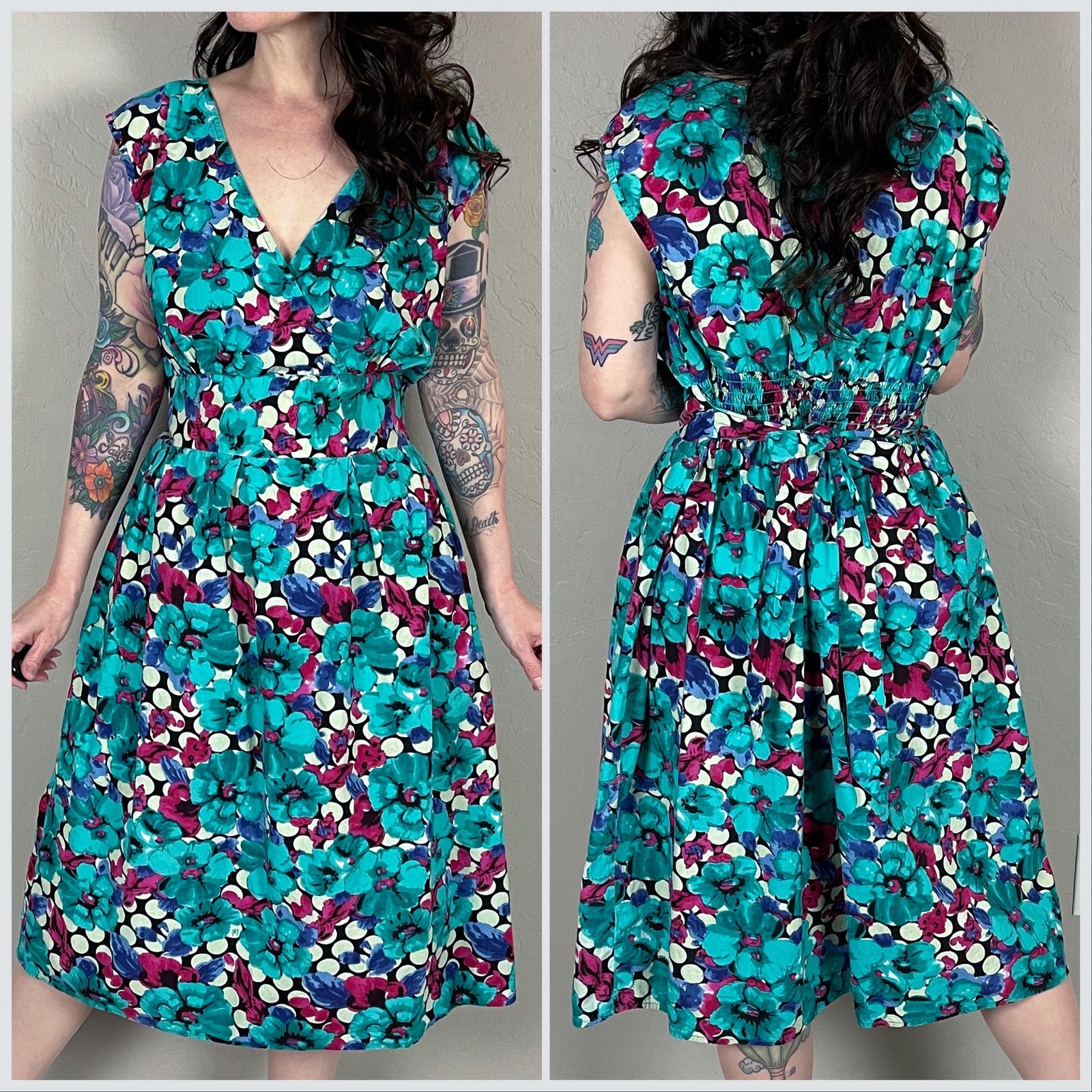 Vintage 1990s Teal Floral & Polka Dot Print Sleeveless Cotton Dress – 36″ Waist
