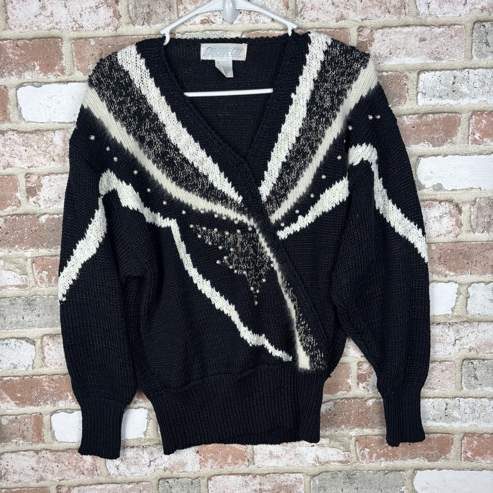 Vtg 80s Pearl Angora Blend V-Neck Sweater SIDE EFFECTS Women M Retro Glam