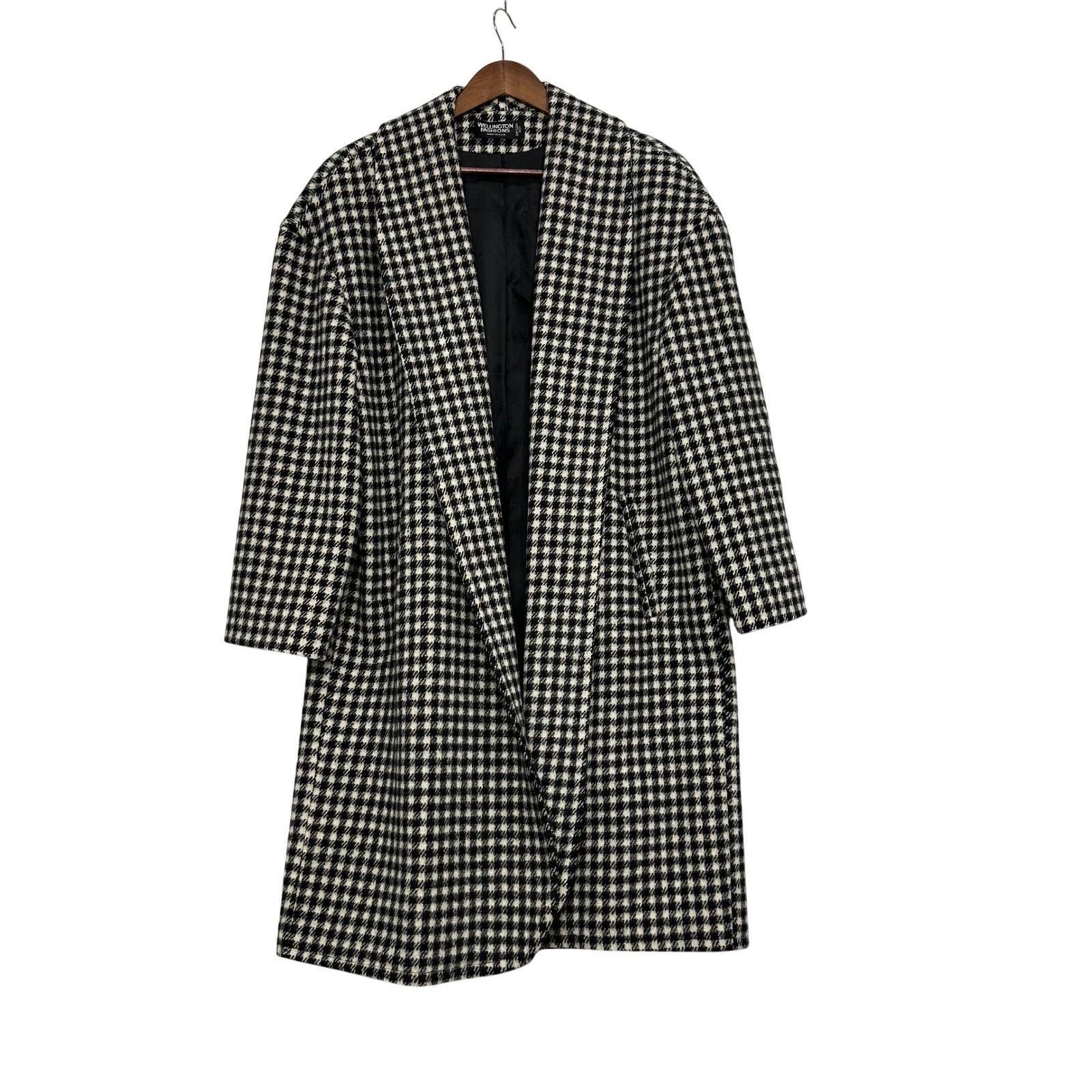Wellington Fashions Vintage 80’s Houndstooth L Coat Black White Wool Blend