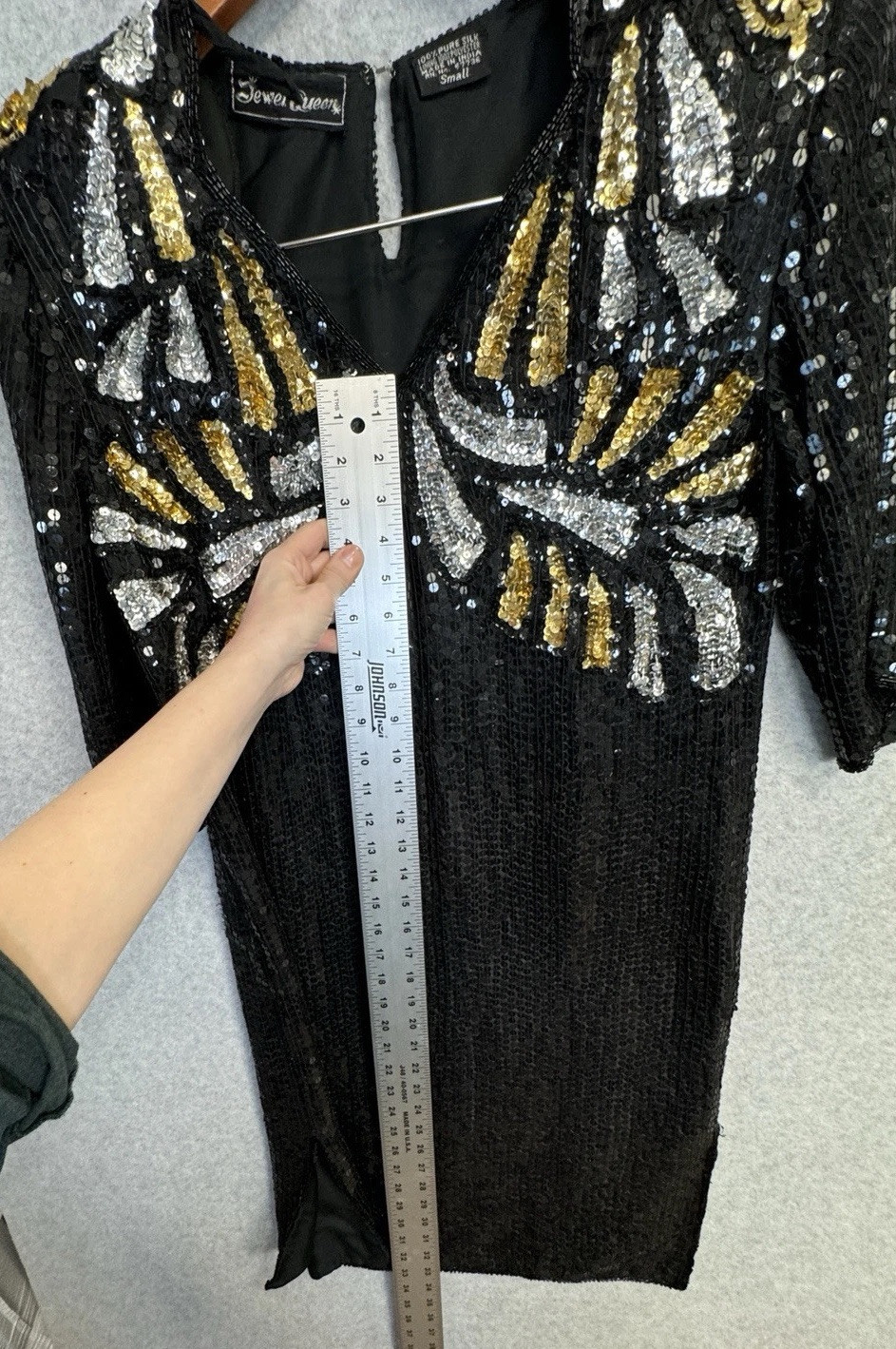 VTG 80s Jewel Queen Black Gold Sequin Beaded Silk Dress Art Deco Statement Piece