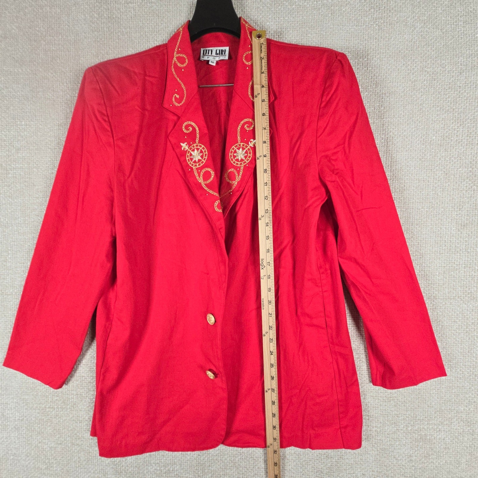 City Girl Sport Vintage Red Gold Embroidery Skirt Suit Set Blazer 14 Skirt 16