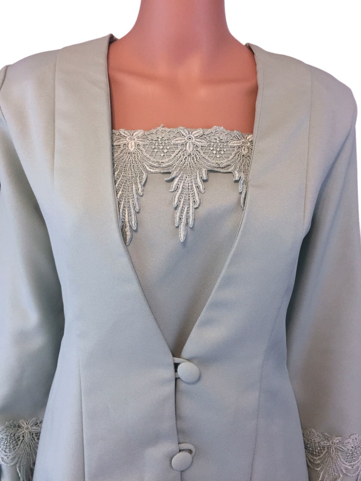 Vintage Mode Sara Light Green Blazer and Skirt Set w/ Floral Lace Trim Sz Large