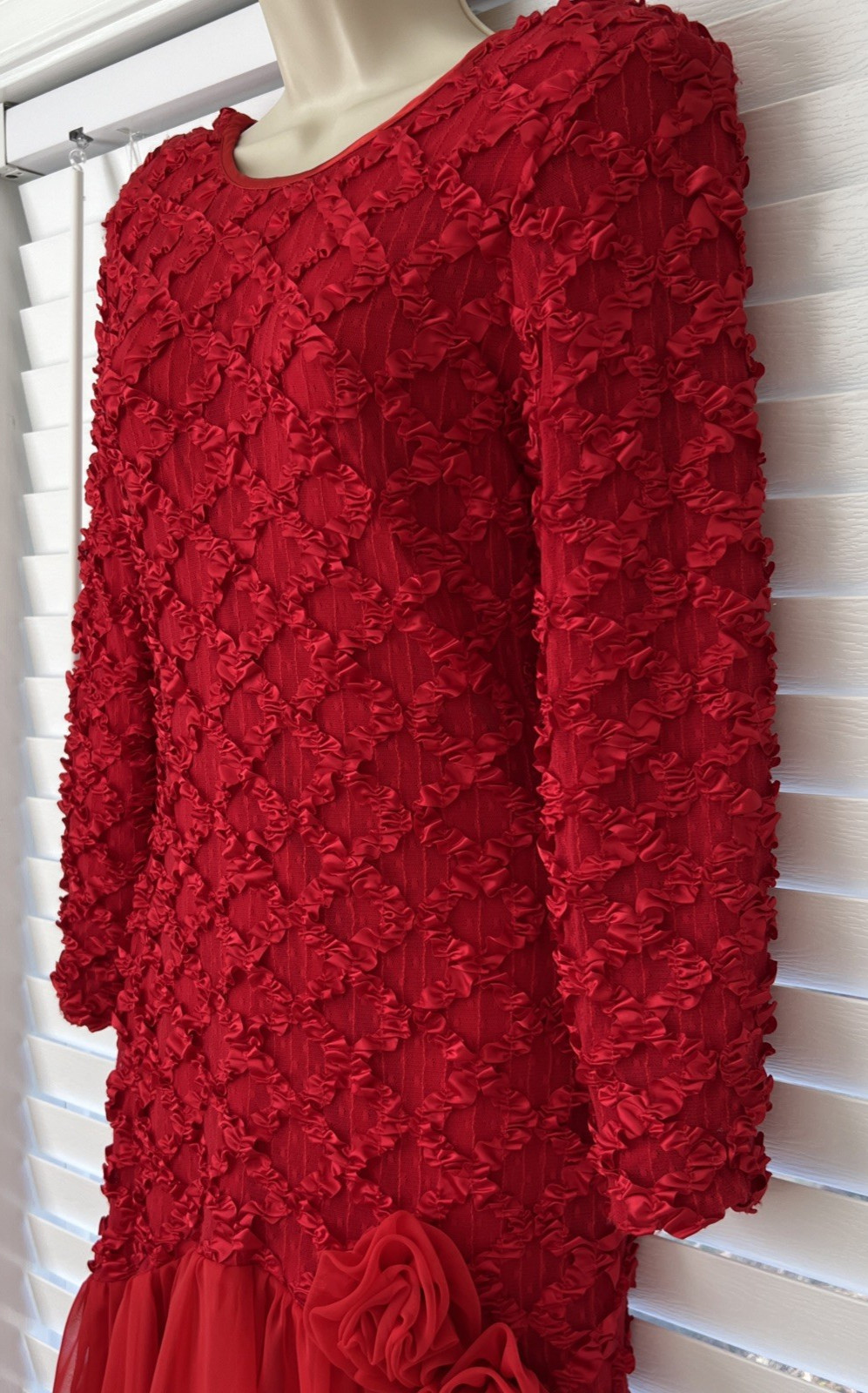 Vtg A La Carte California Hi-Lo Dress 80s Dance/Prom Ribbon/Lace Chiffon V-Back