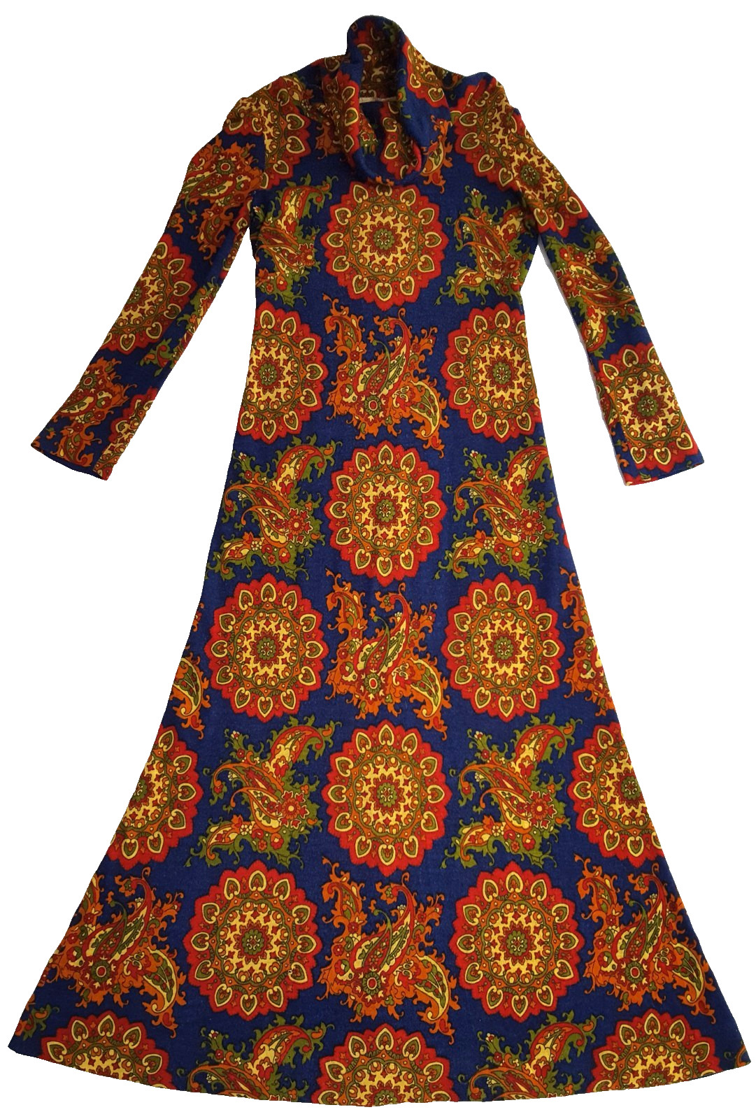 Vintage Late 60s Women’s Hippy Boho Maxi Dress w/Loose Mock Turtleneck Size XS/S