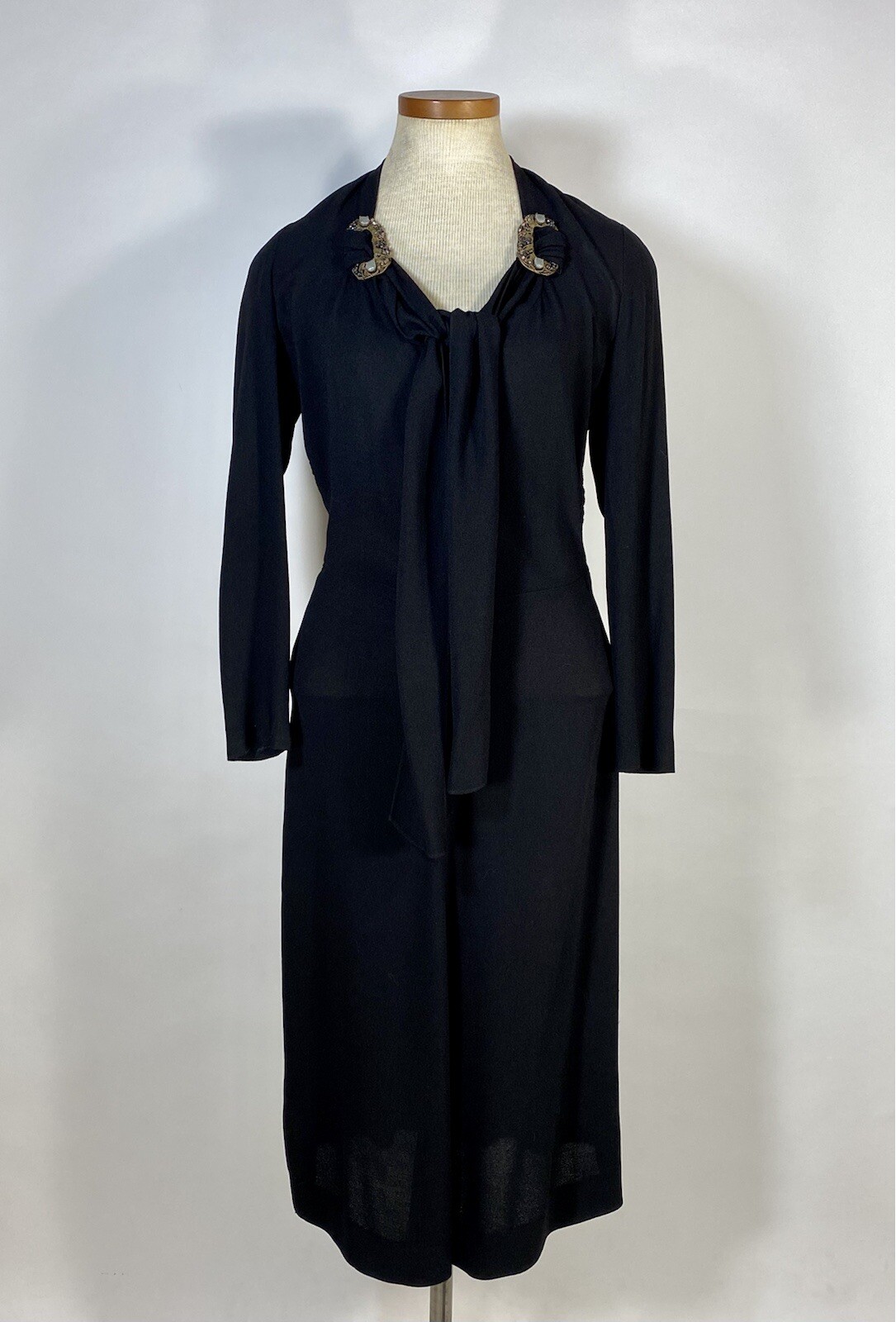 Vintage 1940’s black wool crepe dress with neckline tie & beading embellishment