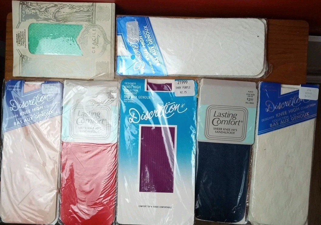 7 Vtg Textured Mesh Knee Hi High Sandal Foot Nylons Stockings One Size 8.5-13