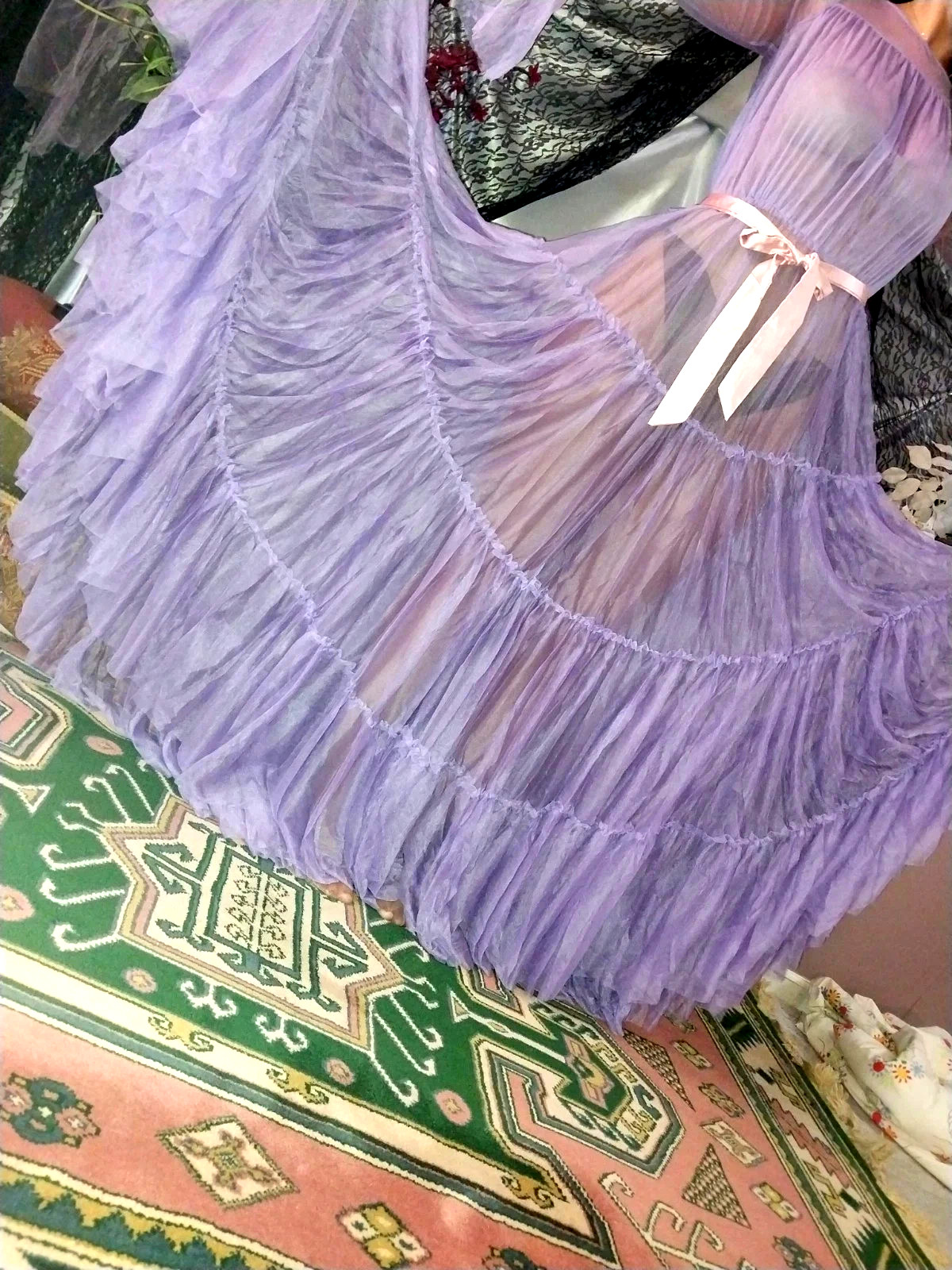 VTG SILKY PURPLE SHEER LAYERS BELL SWEEP NEGLIGEE NIGHTGOWN SISSY 48 OSFM