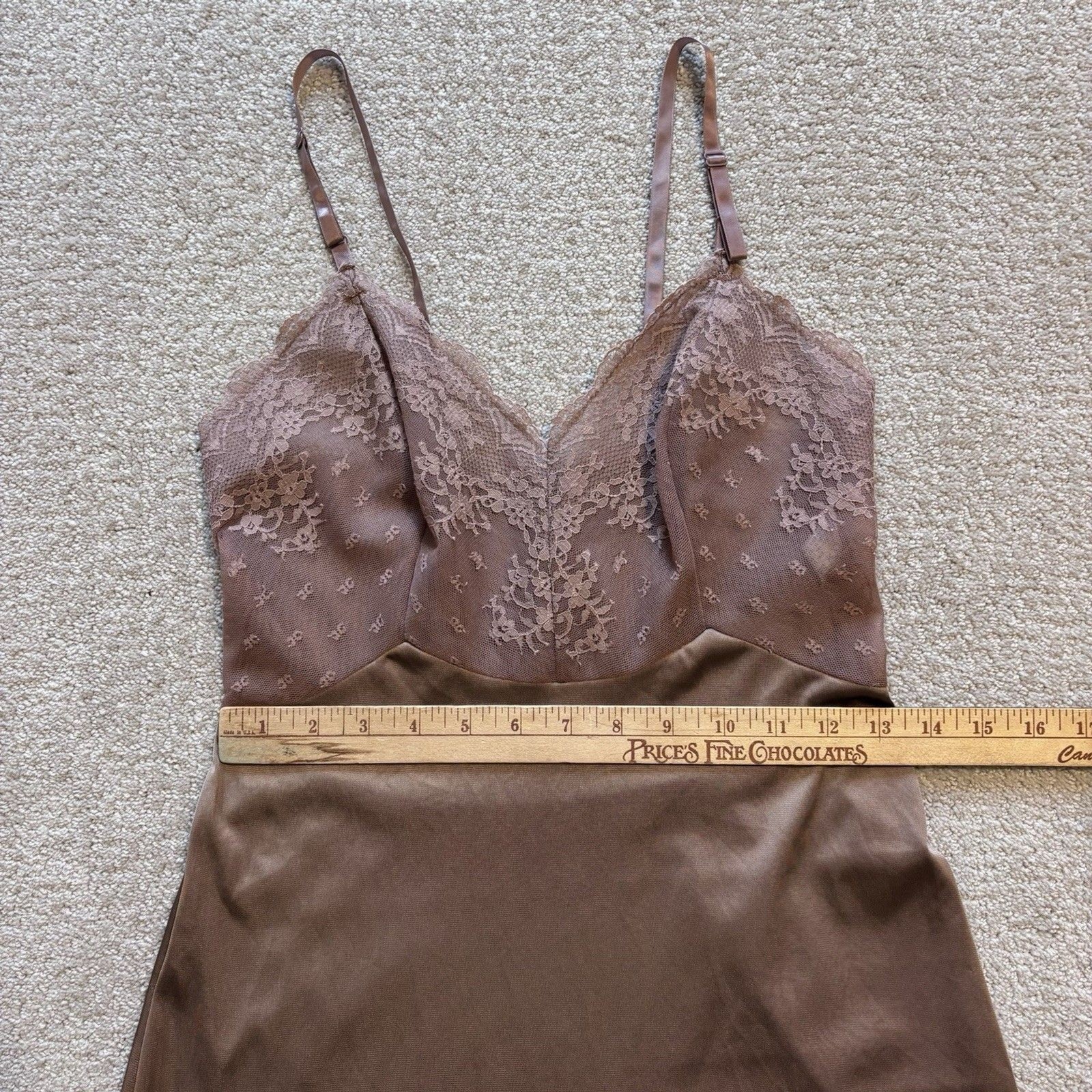 VTG Vanity Fair Mocha Brown Nylon Lace Trim Nightgown Camisole Slip Dress 32L