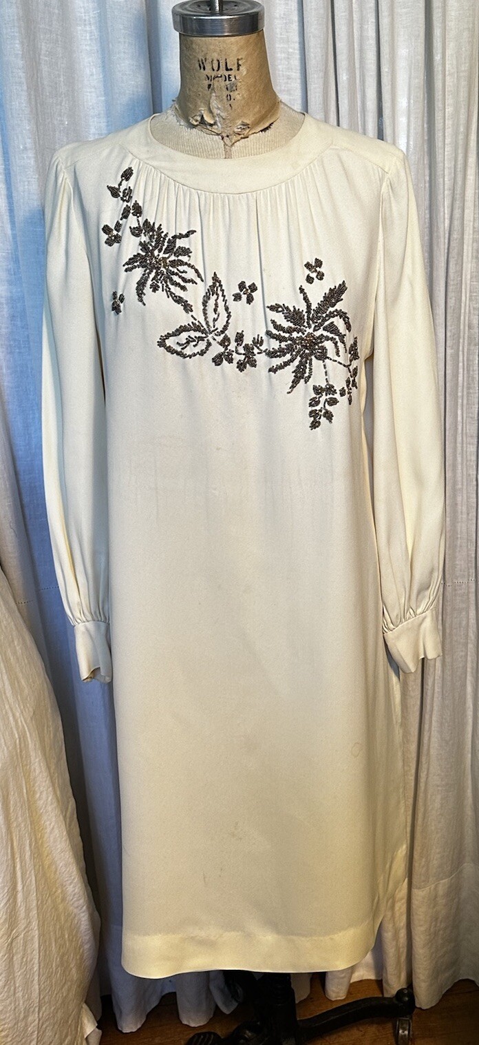 Vintage Lillie Rubin Shannon Rogers Womens Ivory Bead L Sleeve Dress Sz S-M Used