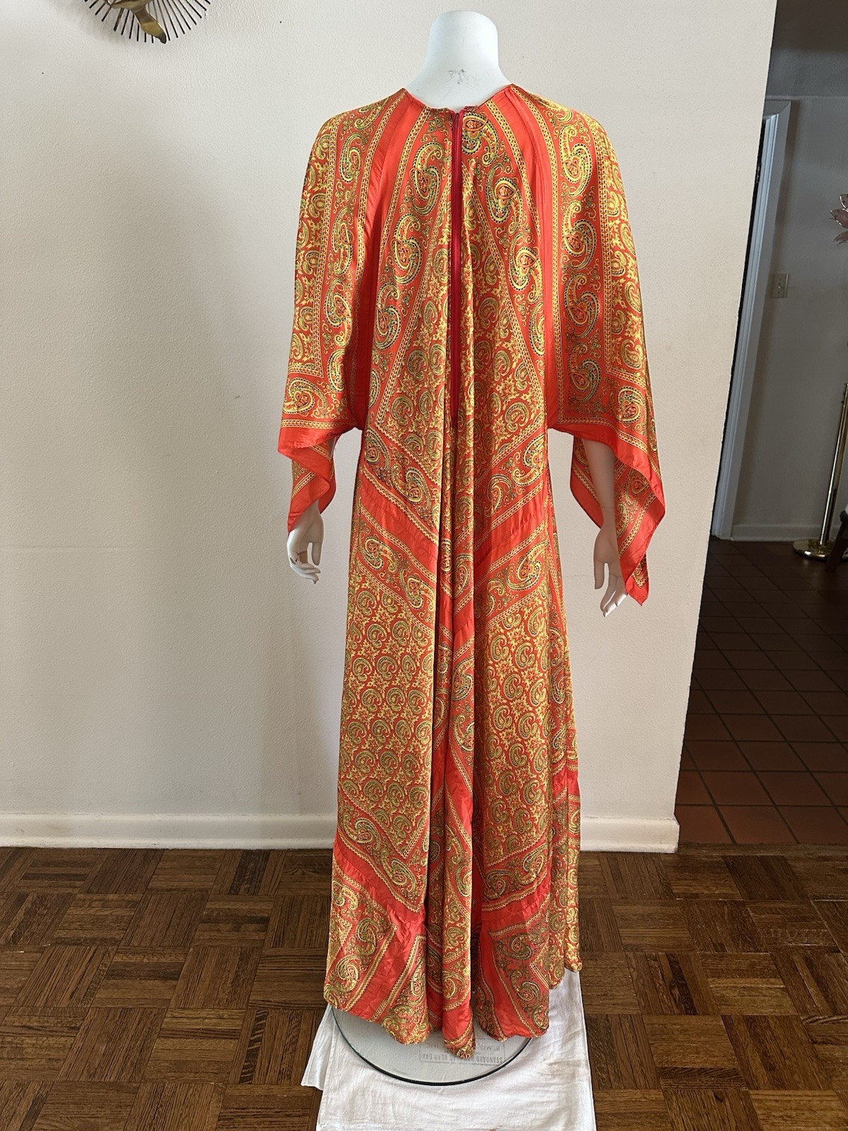 70s VTG Mexican Aramis Scarf Caftan Dress 63” Extra Long Tall Maxi Angel Sleeve