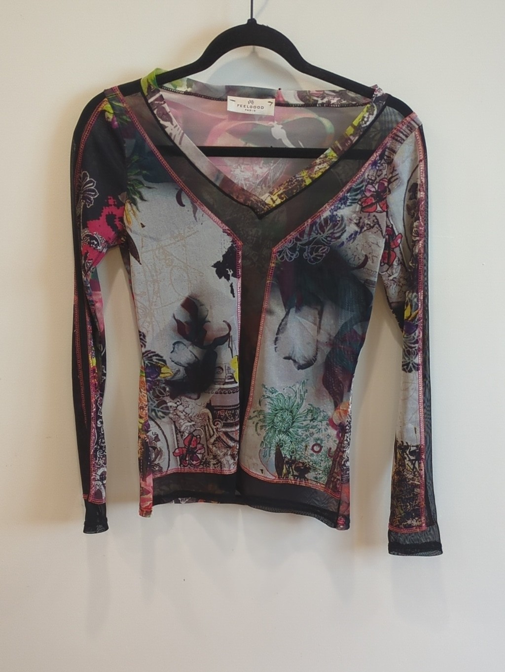 Y2K Mesh Artsy Indie Sleeze Streetwear Feel Good Paris V Neck Long Sleeve Top