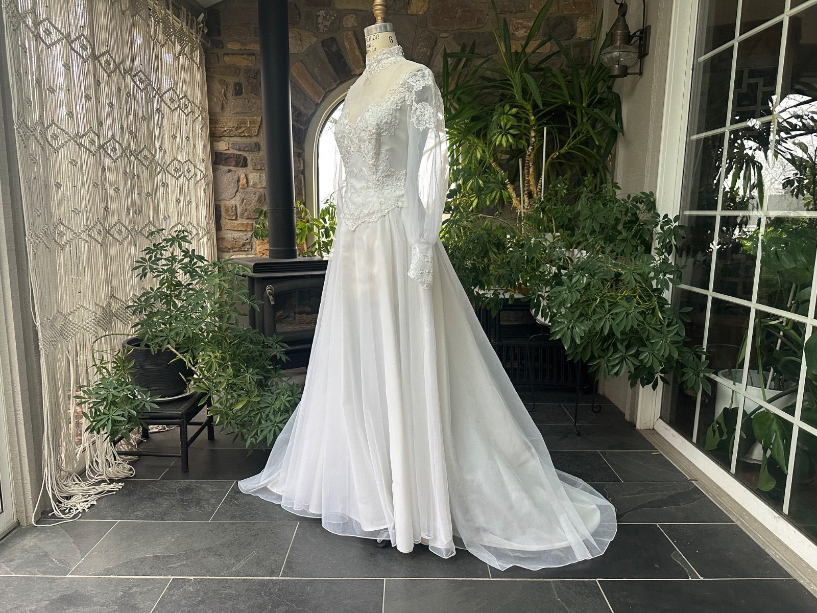 Vintage 1970s White High Neck Nylon Chiffon and Lace Wedding Gown