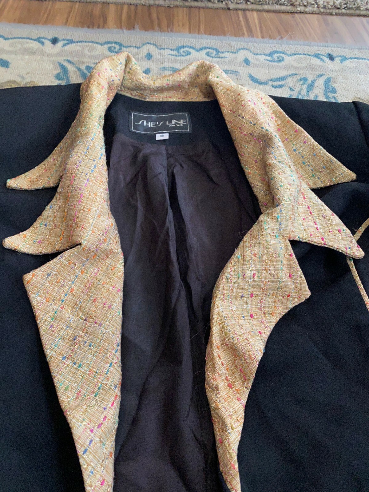 She’s Line New York Women’s Vintage Blazer Black and Gold Collar Multicolor Sz 8
