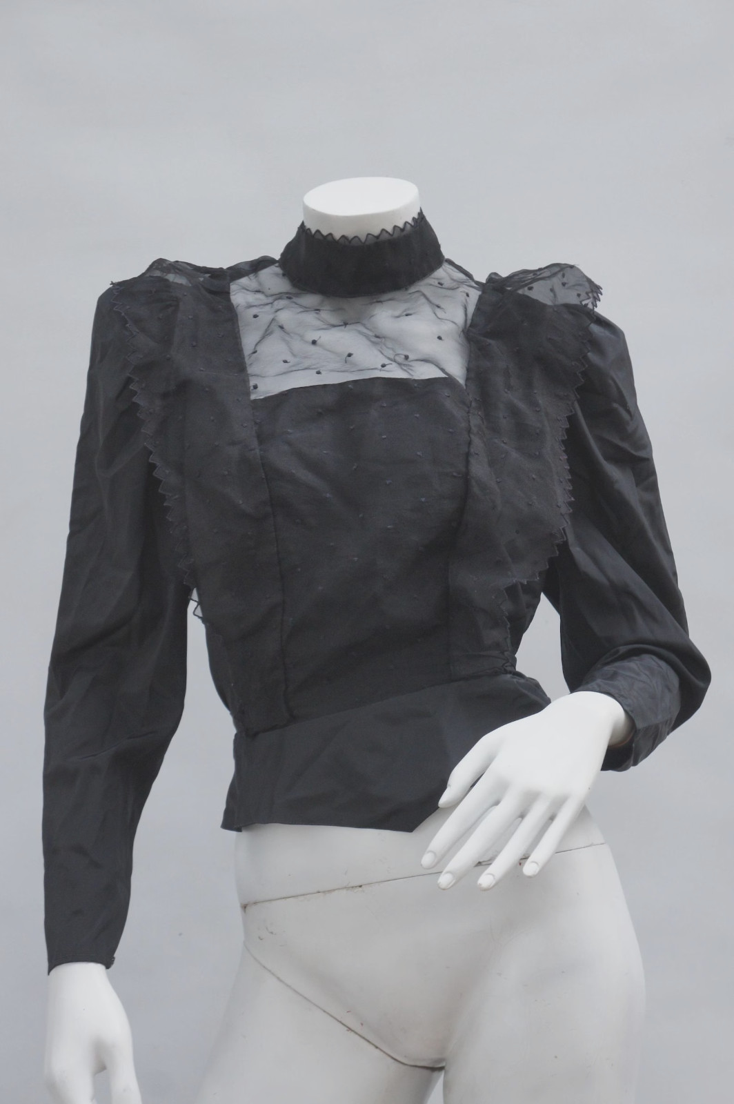 Vintage 70s-80s Black Lace Trim Blouse Victorian Style High Neck Prairie Boho Co