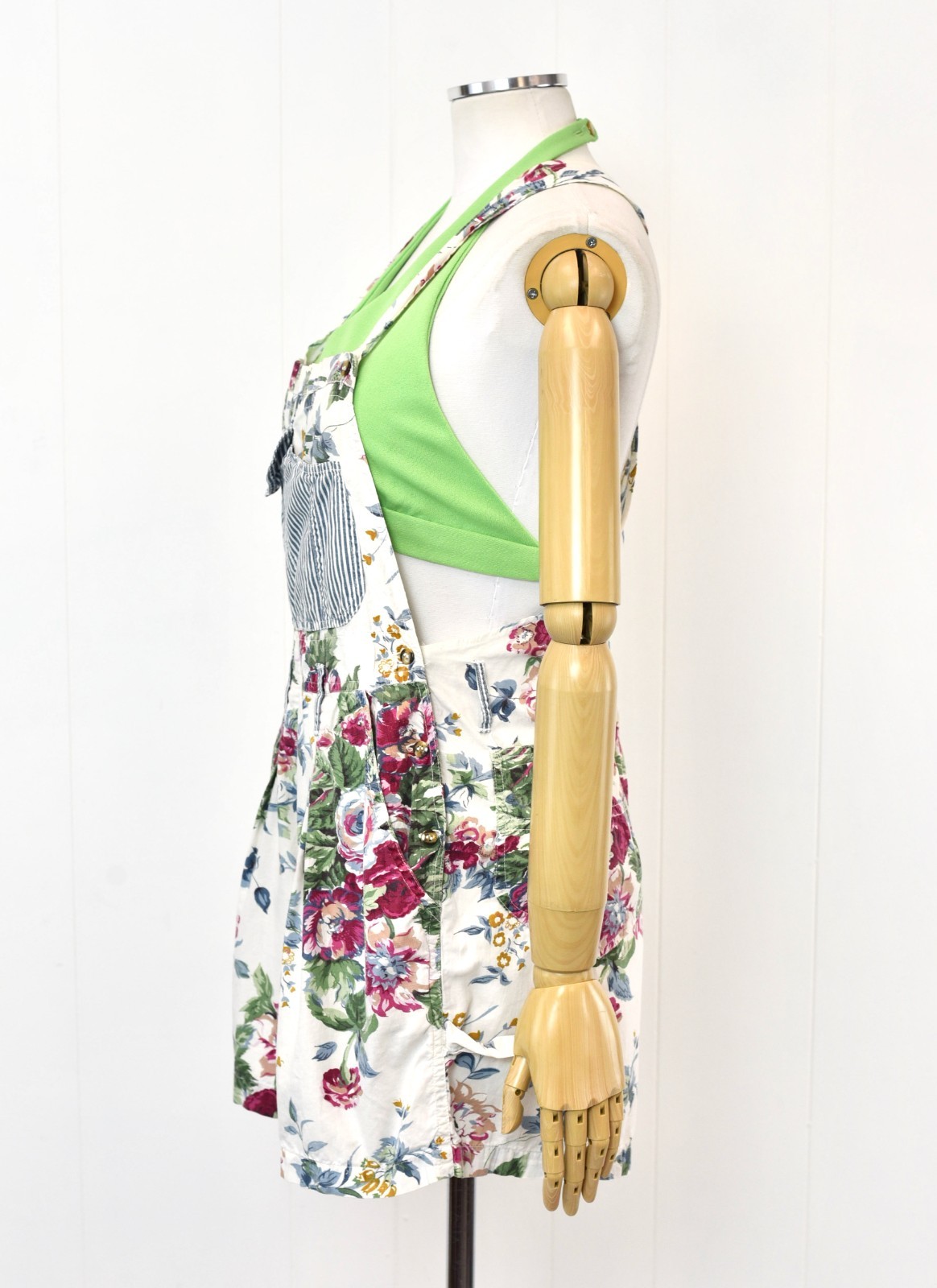 Vintage 1990s Rose Floral Print White Cotton At Last Romper Overalls Shorts