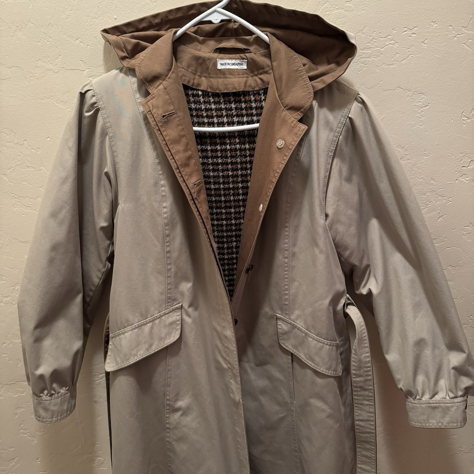 Vtg Trench Coat Maxi Tan Pockets Removable Hood/Lining (Wool Blend) GDT TOO