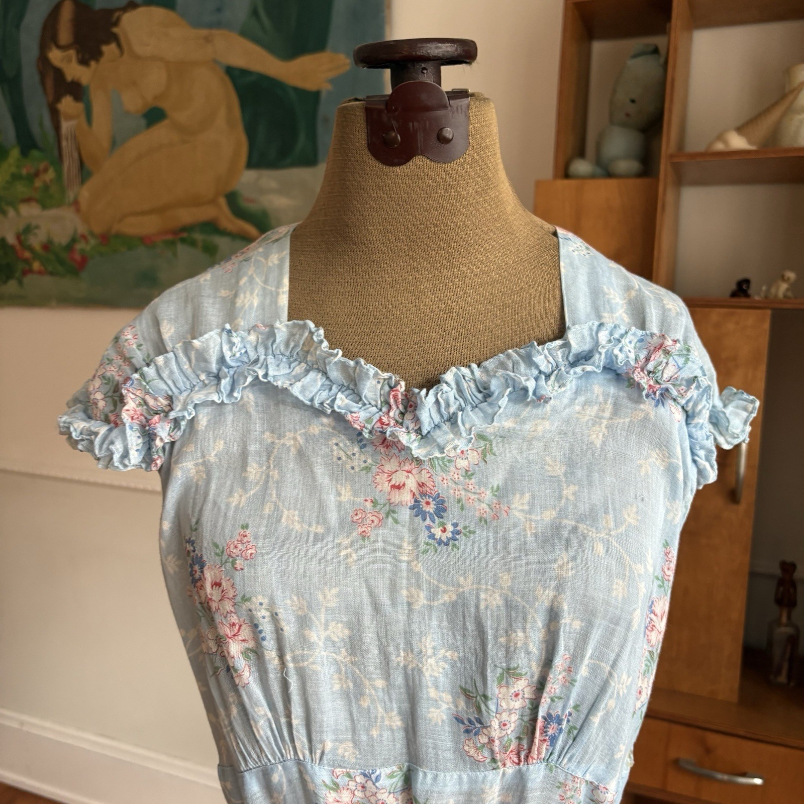 Vintage 1940s Blue Floral Cotton Voile Fabric Dress Ruffle Trim Summer