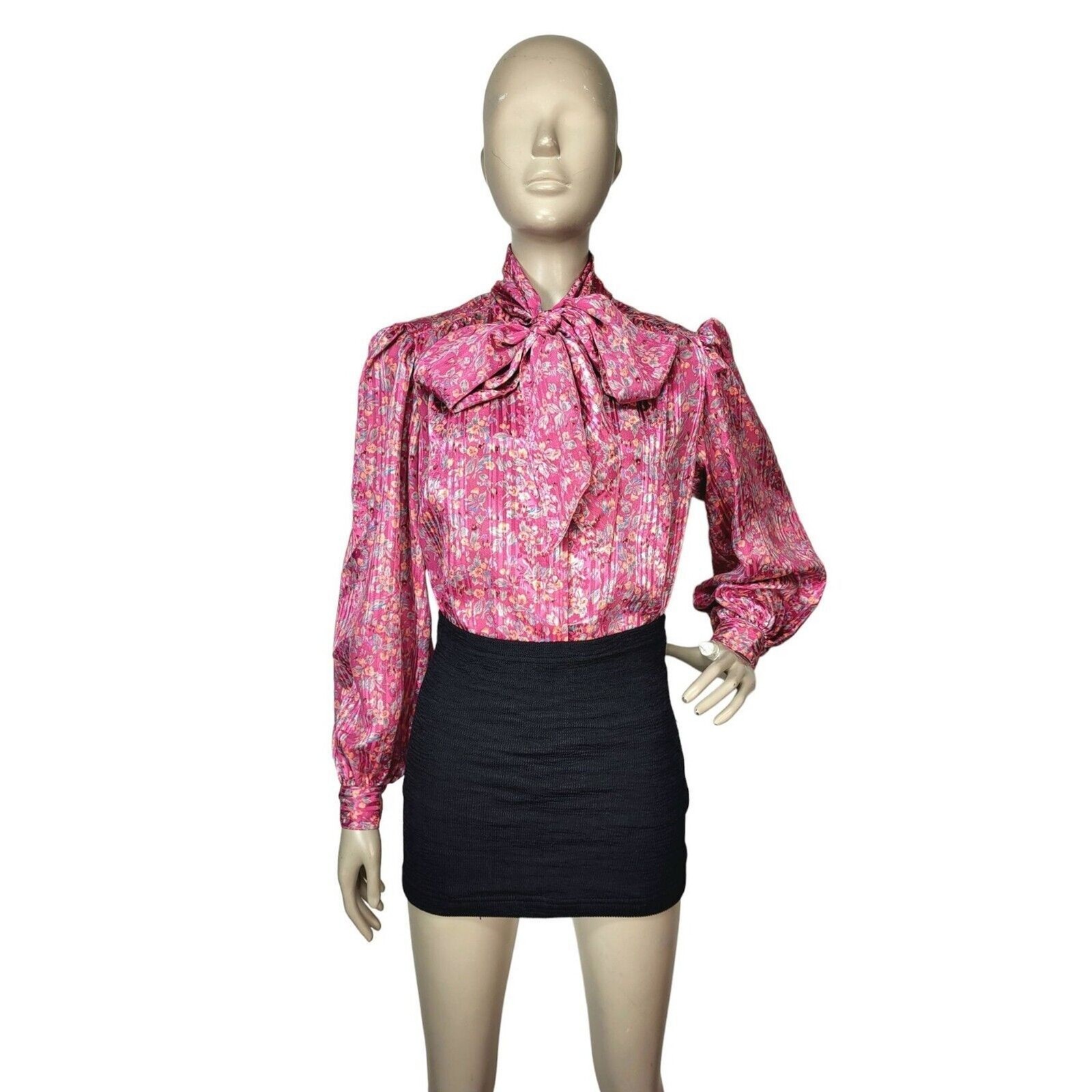 VTG 70s Pink Abstract Floral Neck Bow Puff Balloon Sleeve Satin Striped Blouse
