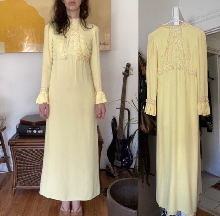 vintage 70s canary yellow lace trim bell sleeved bow back prairie dress