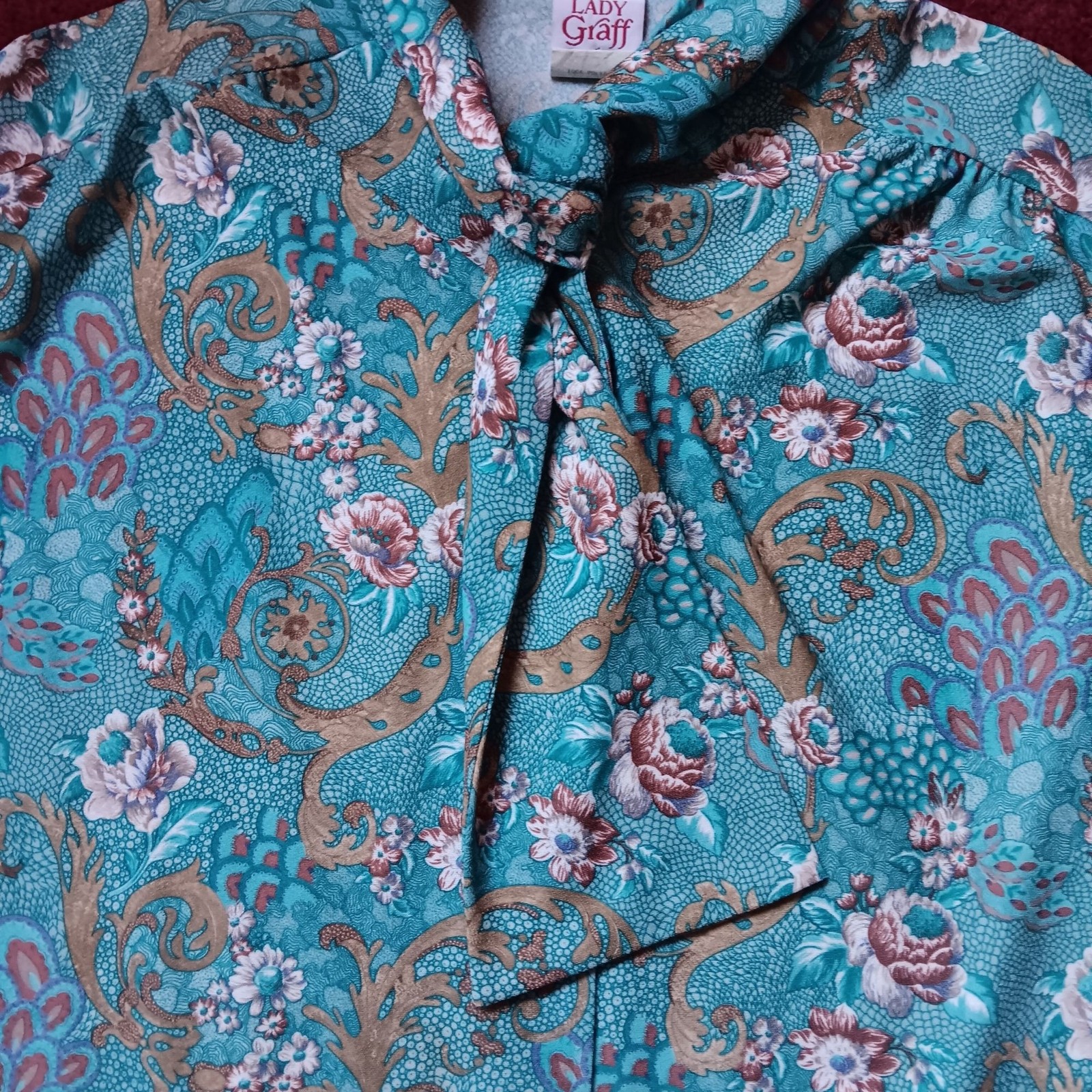True Vintage Women’s Secretary Blouse XL 80s Graff Turquoise Paisley Tie-Neck