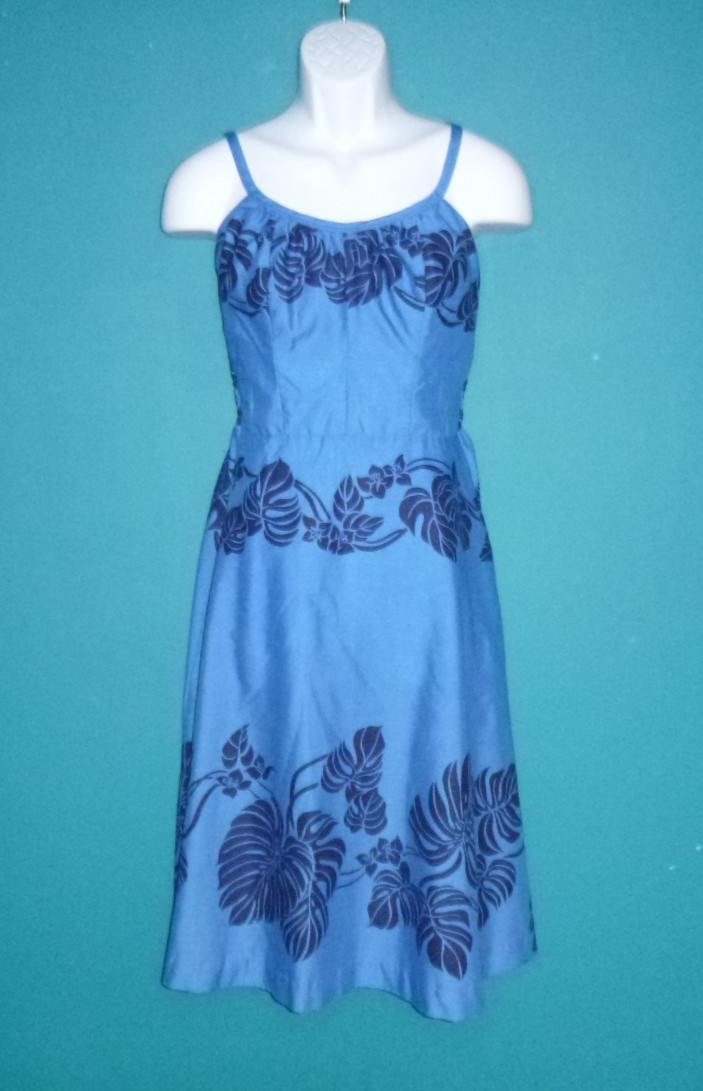Vtg 70s Sand Pebble Hawaii Sundress 2 Tone Blue Tropical Foliage Sz S/M