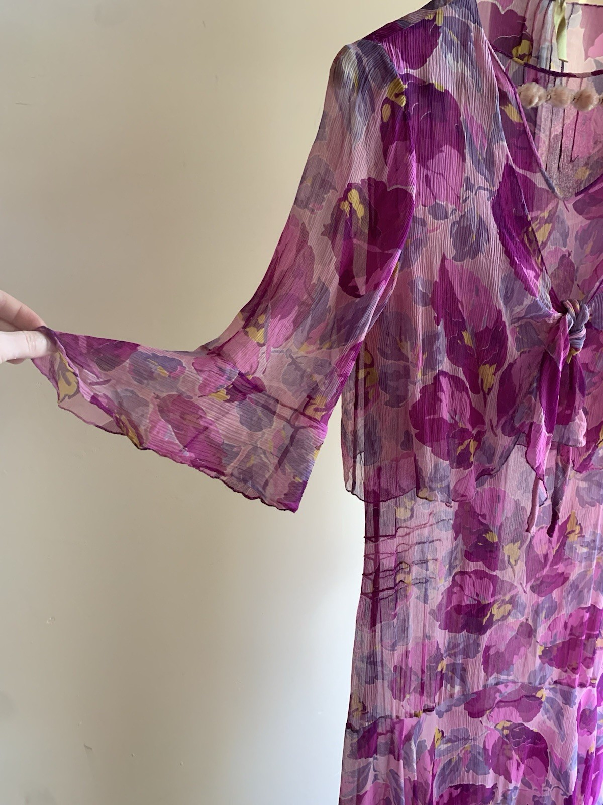 Vintage 1920s Purple Pink Floral Silk Crinkle Chiffon Dress Jacket Set Size S