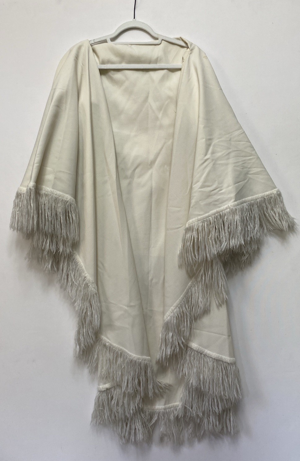Vintage 70s Open Front Fringe Wrap Coat S/M Ivory Boho Stevie Nicks