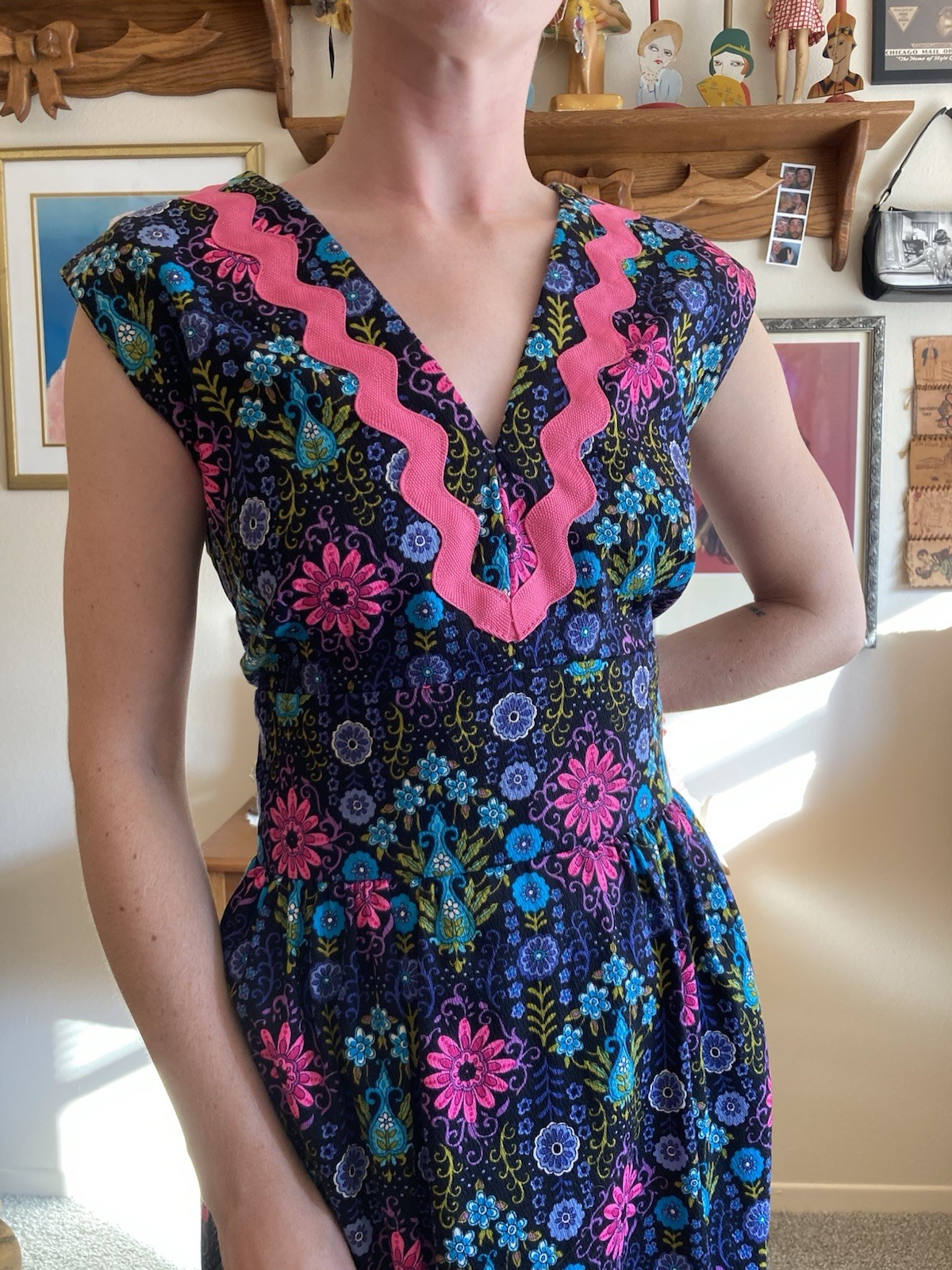 1970s Vibrant Psychedelic Floral Barkcloth Style Maxi Dress, Bust 36in