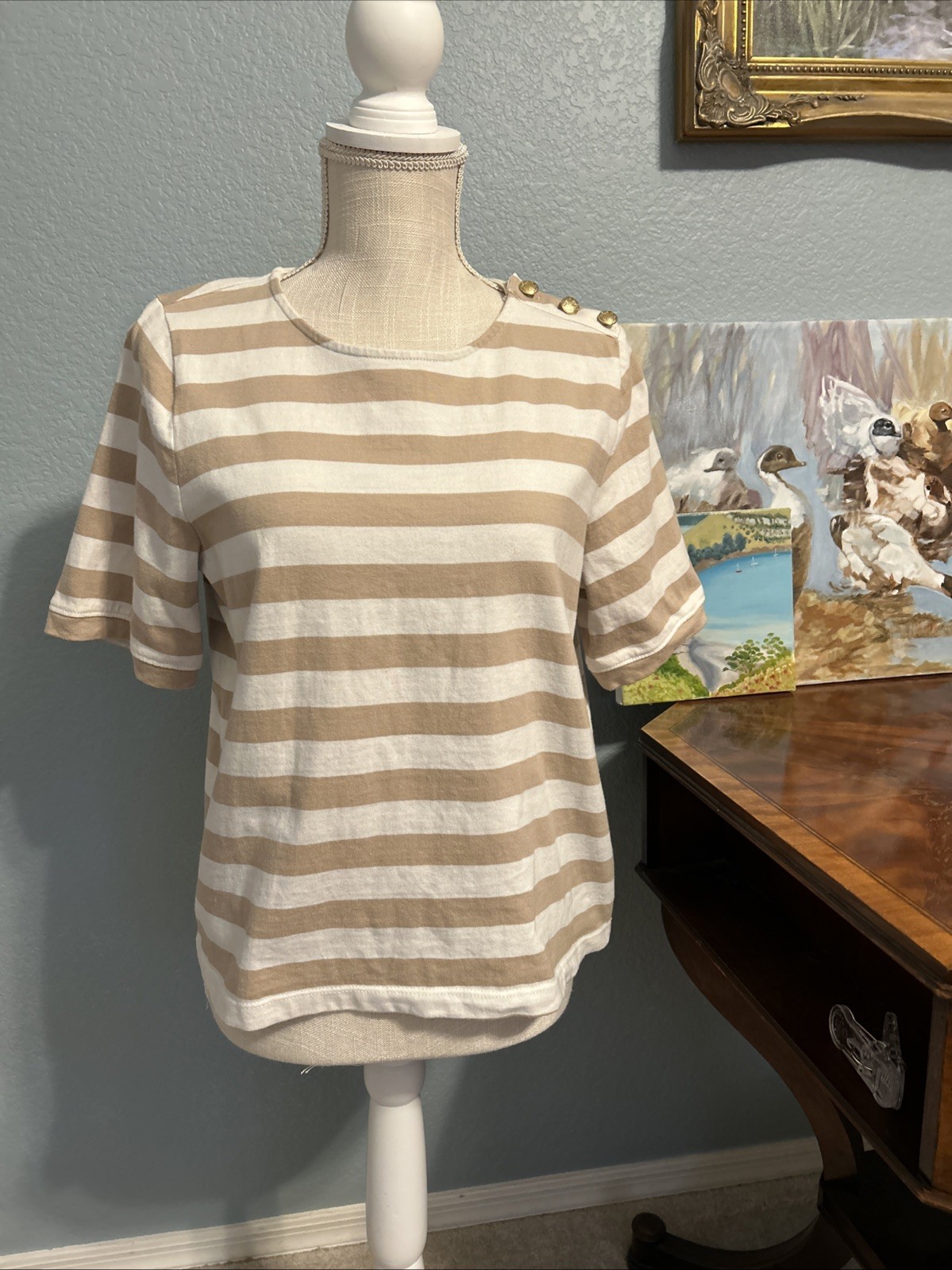 J. Crew Heavy Cotton Striped T-Shirt With Gold Buttons Size Medium
