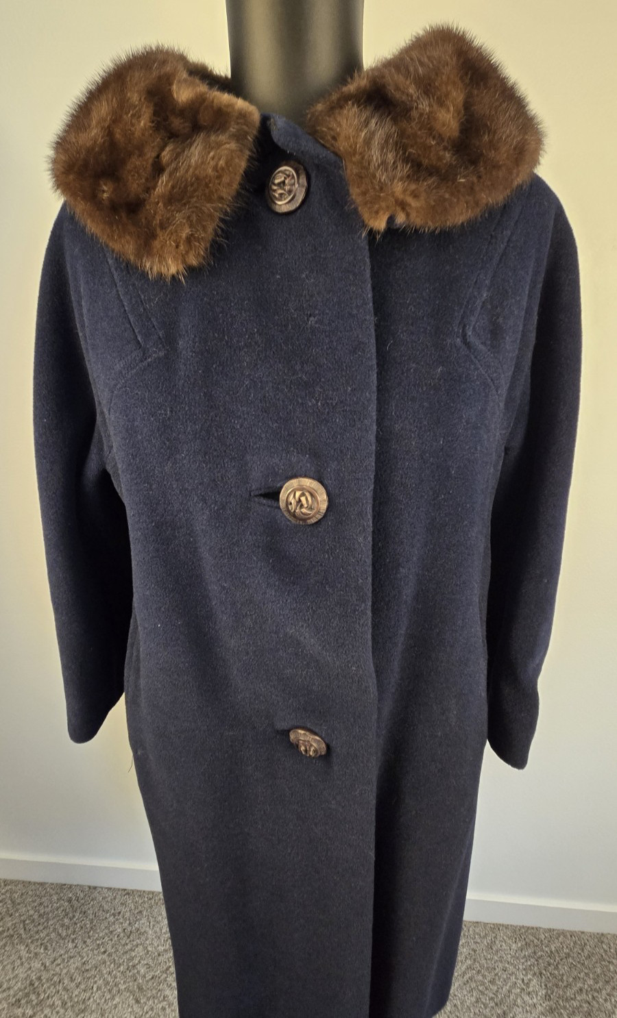 Vintage SHAGMOOR Coat Fur Collar Blue Brown Union Made Womens Retro 50’s 60’s
