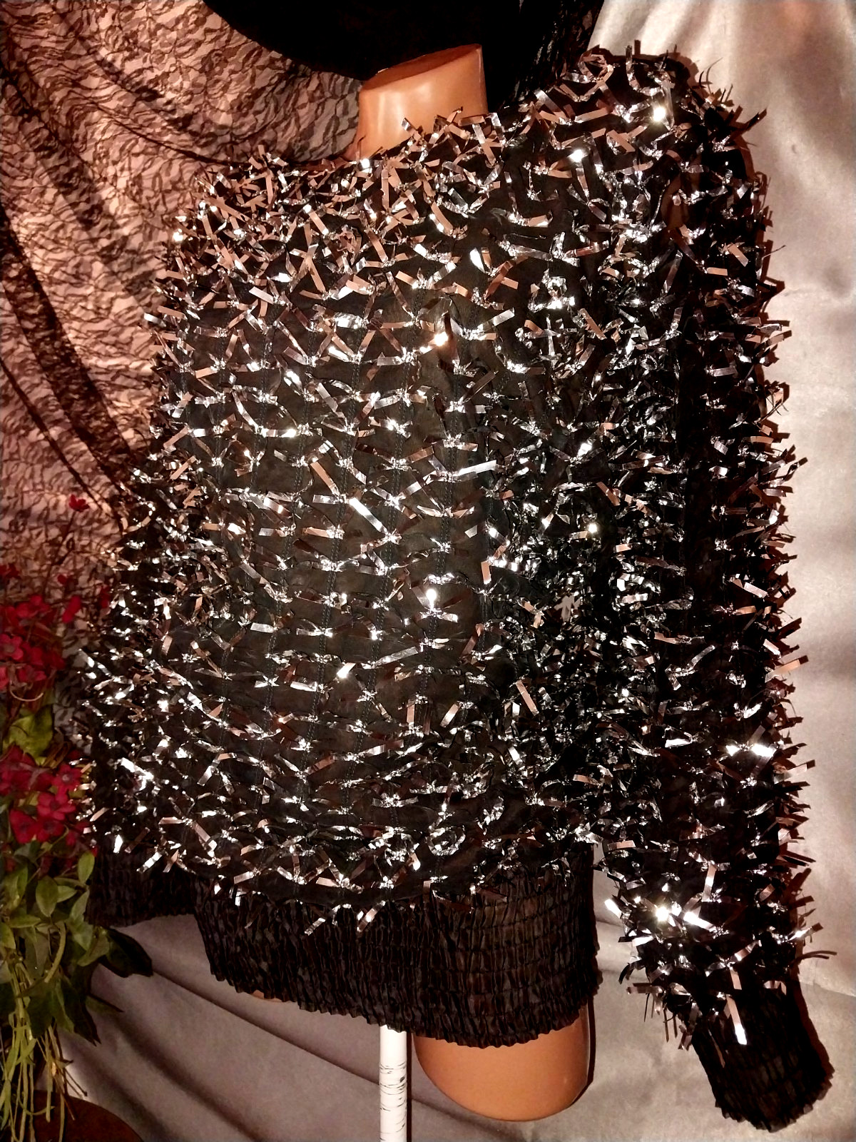 VTG NR1 NITE LIGHTS 80S SILVER FOIL BOWS BLOUSE SHEER CHIFFON BURLESQUE AVANT L