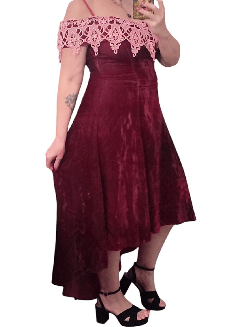 VTG 80s Burgundy Velvet Pink Brocade High Low Midi Prom Dress SZ 15/ 16 *Large