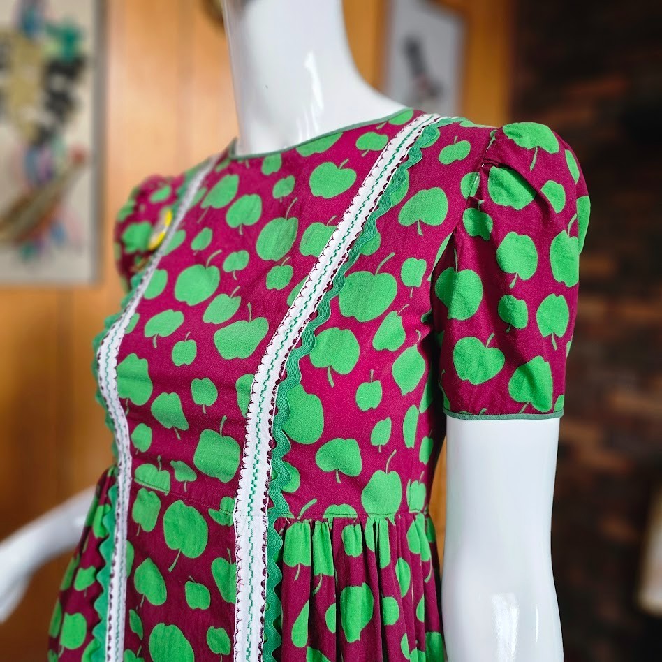 Vtg 70s Miss Centennial Belle Kansas Parade Novelty Apple Print Maxi Dress XS/S