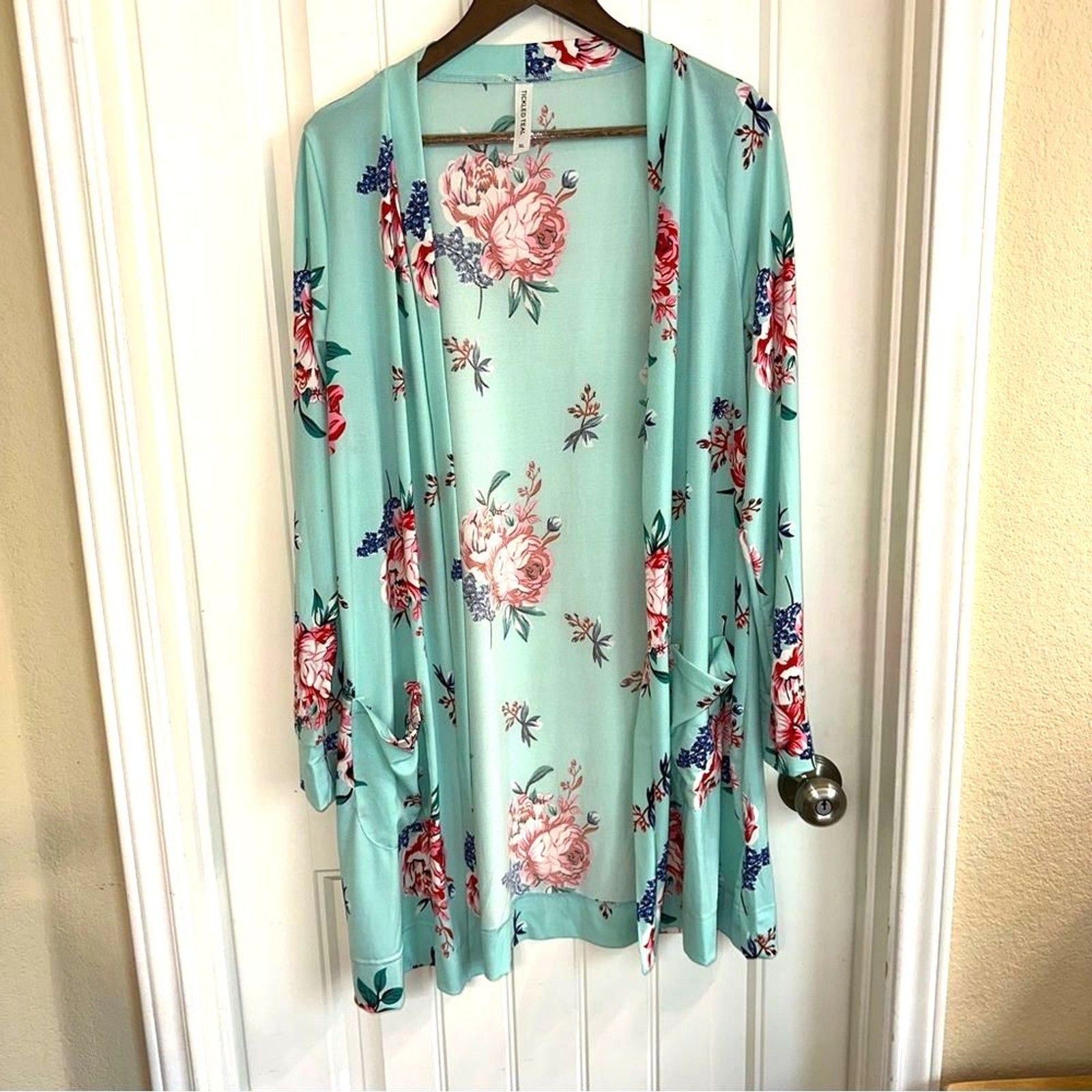 Tickled Teal floral open front cardigan with pockets women XL
