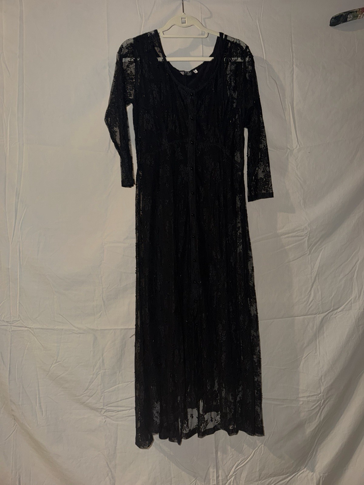 Vintage Auditorium 90s Black Lace Button-Front Overlay Dress With Slip