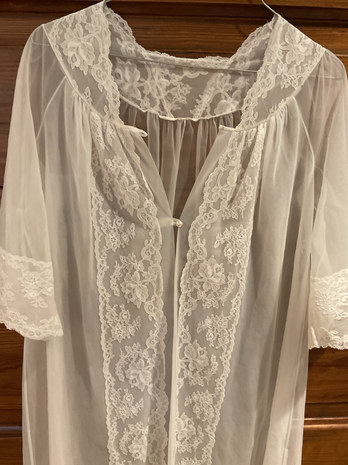 Vintage Shadowline White Sheer Nylon Chiffon Lace Long Robe USA Petite P