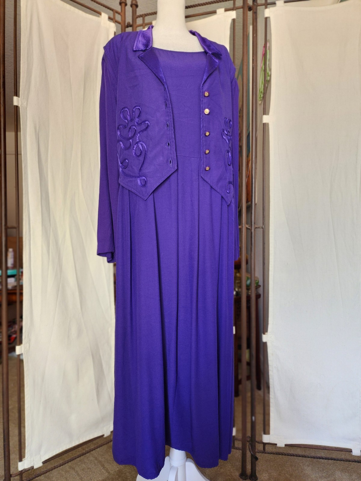 Vintage Allison Che 24W Purple Faux Twinset Maxi Dress Soutache Gold Button Plus
