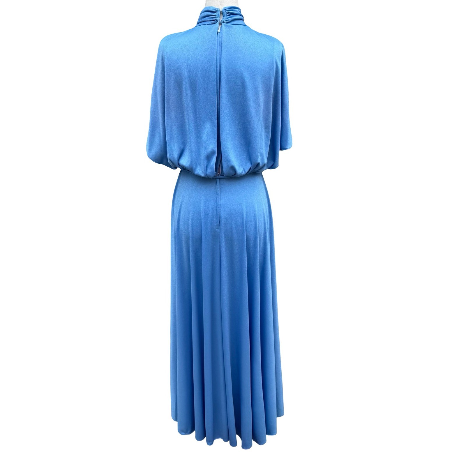 Vintage 70s Blue Mock Neck Cape Sleeve Maxi Dress Disco Gown Tie Waist Blue