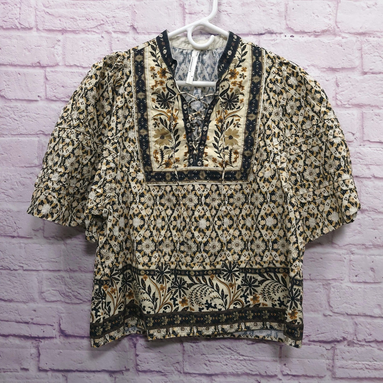 Anthropologie Boho Floral Lace Up Blouse M Peasant Cottagecore Folk Tribal