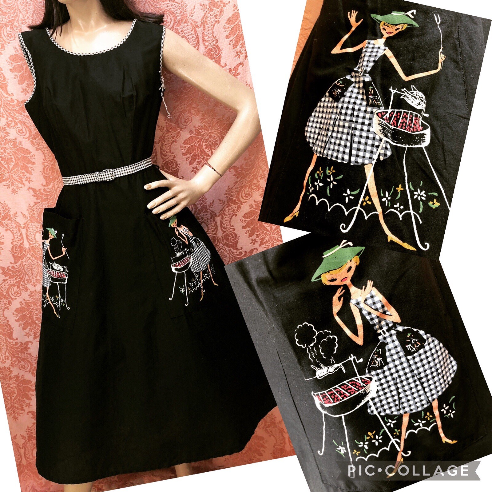 VTG 1950s DEADSTOCK NOVELTY PRINT Sundress *PIXIES At the BARBECUE GRILL*